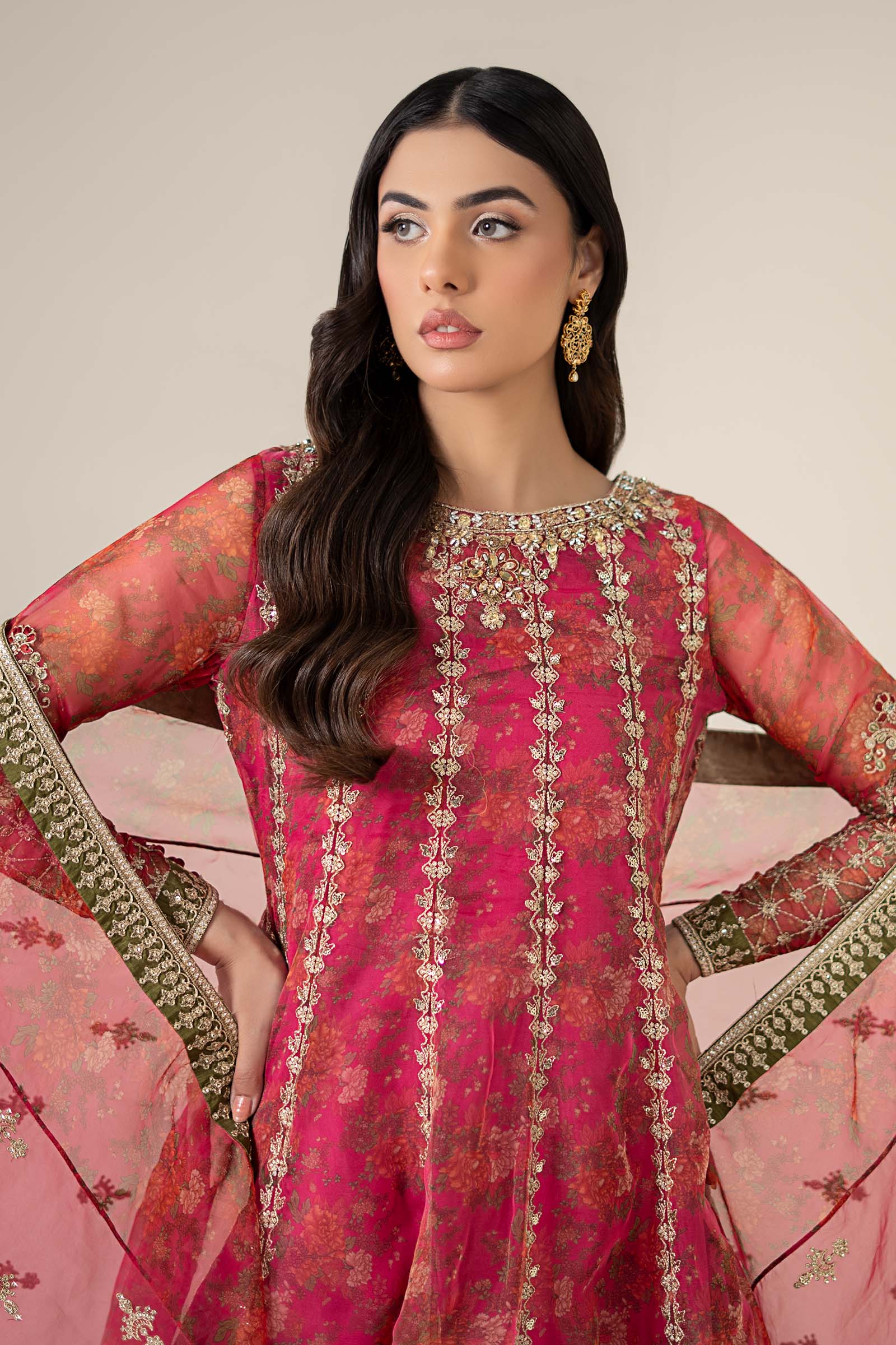 Pakistani Pink Hand-Embellished Organza Frock (3-Piece) - Image 2