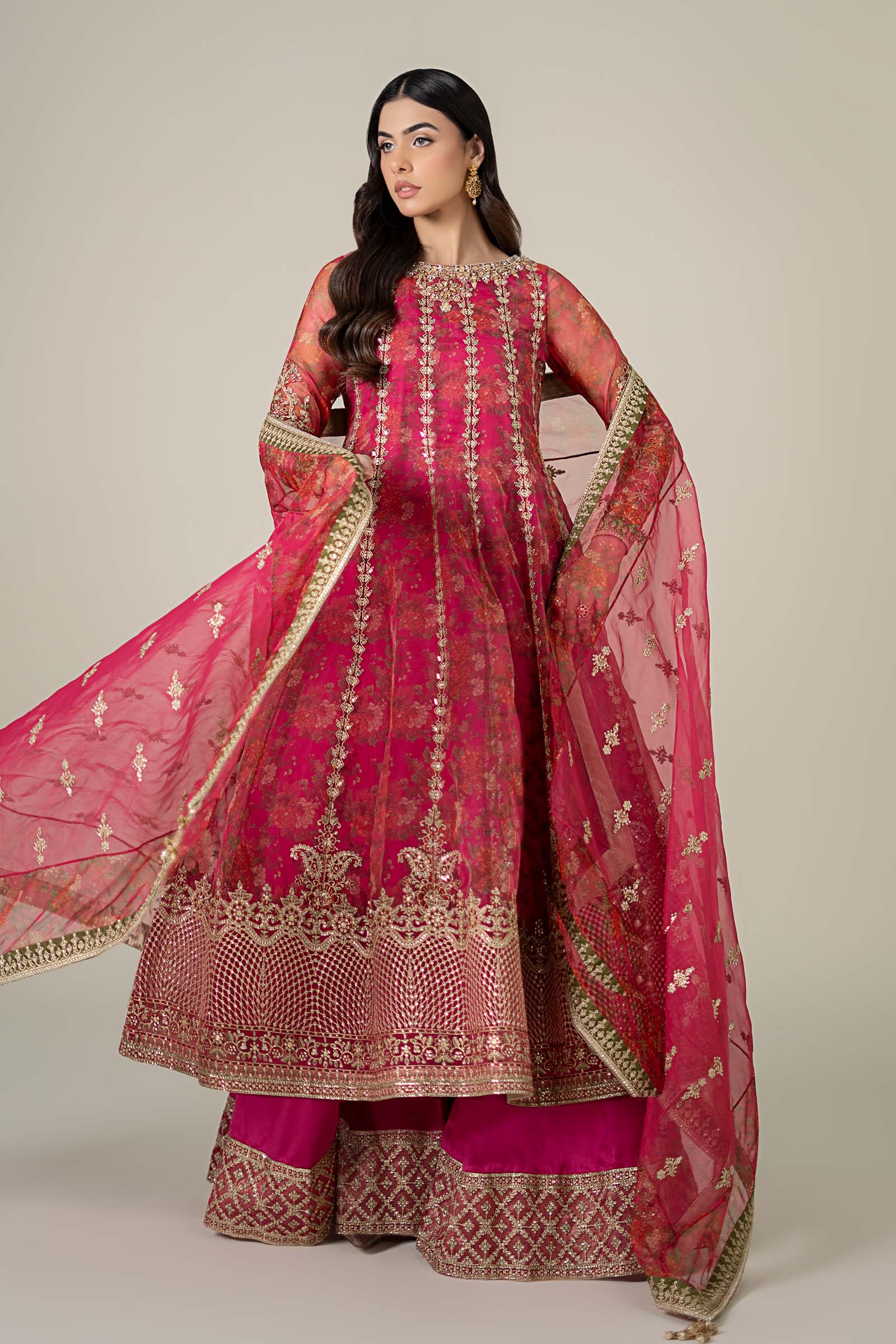 Pakistani Pink Hand-Embellished Organza Frock (3-Piece) - Image 3