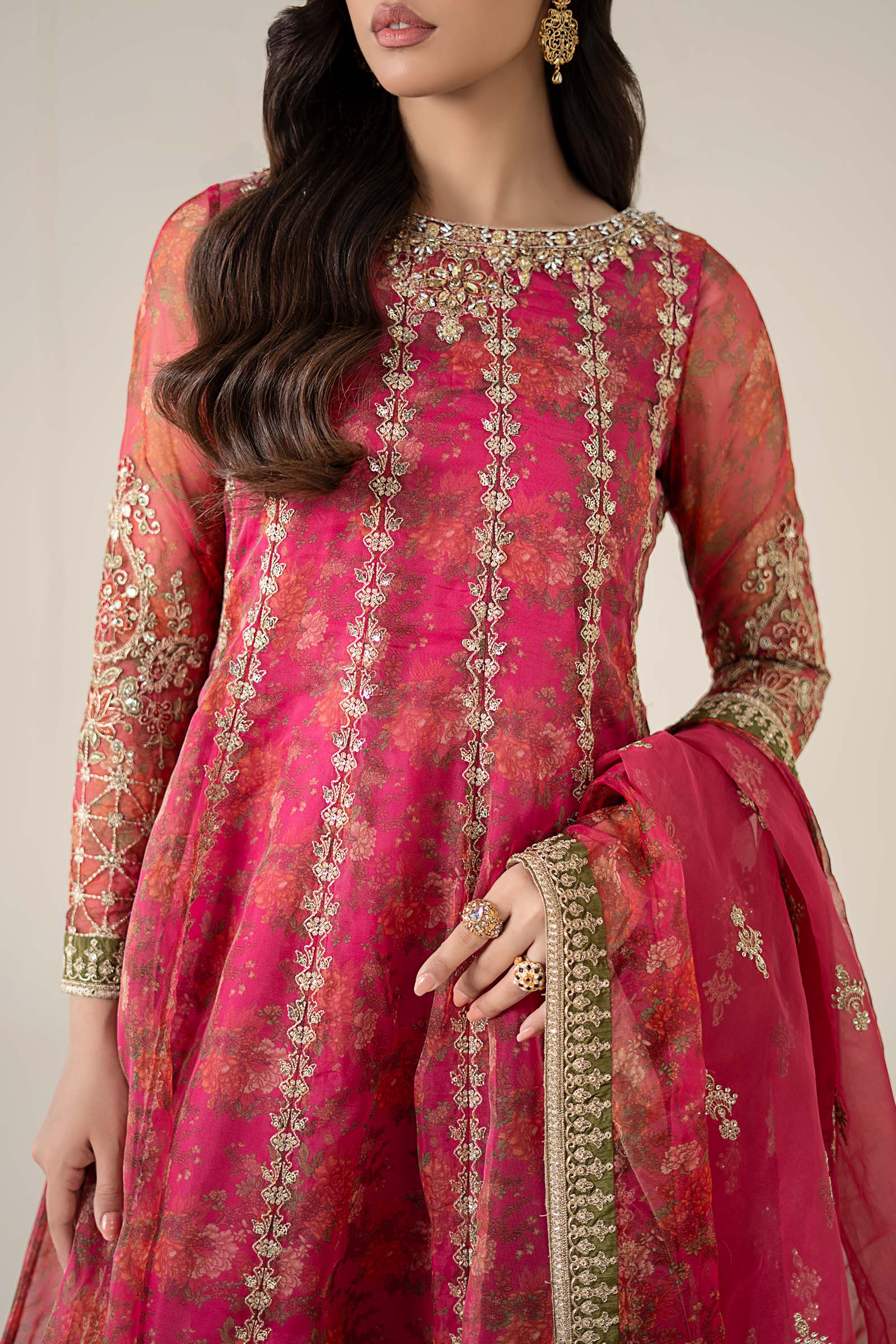 Pakistani Pink Hand-Embellished Organza Frock (3-Piece) - Image 4