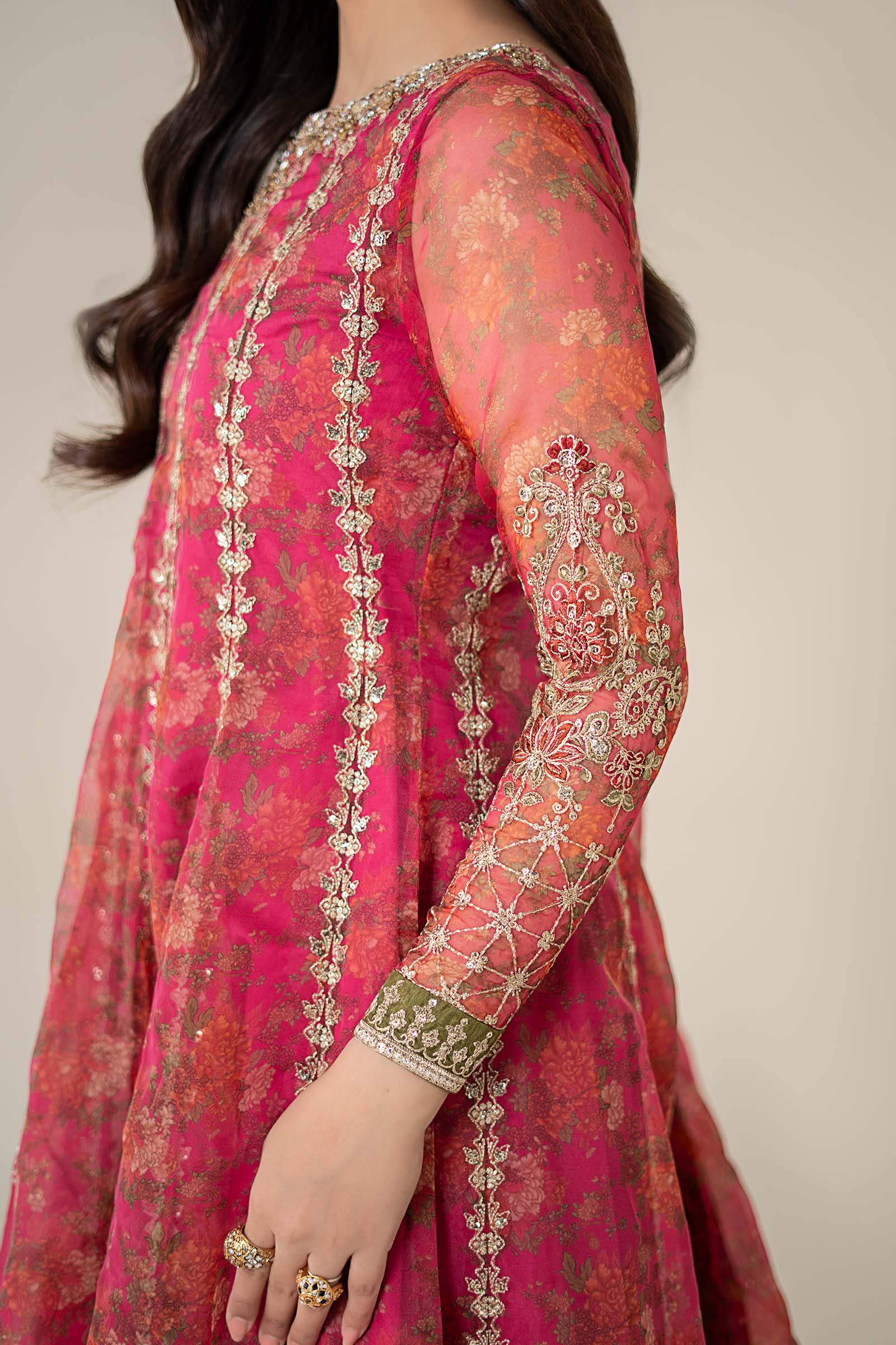 Pakistani Pink Hand-Embellished Organza Frock (3-Piece) - Image 5
