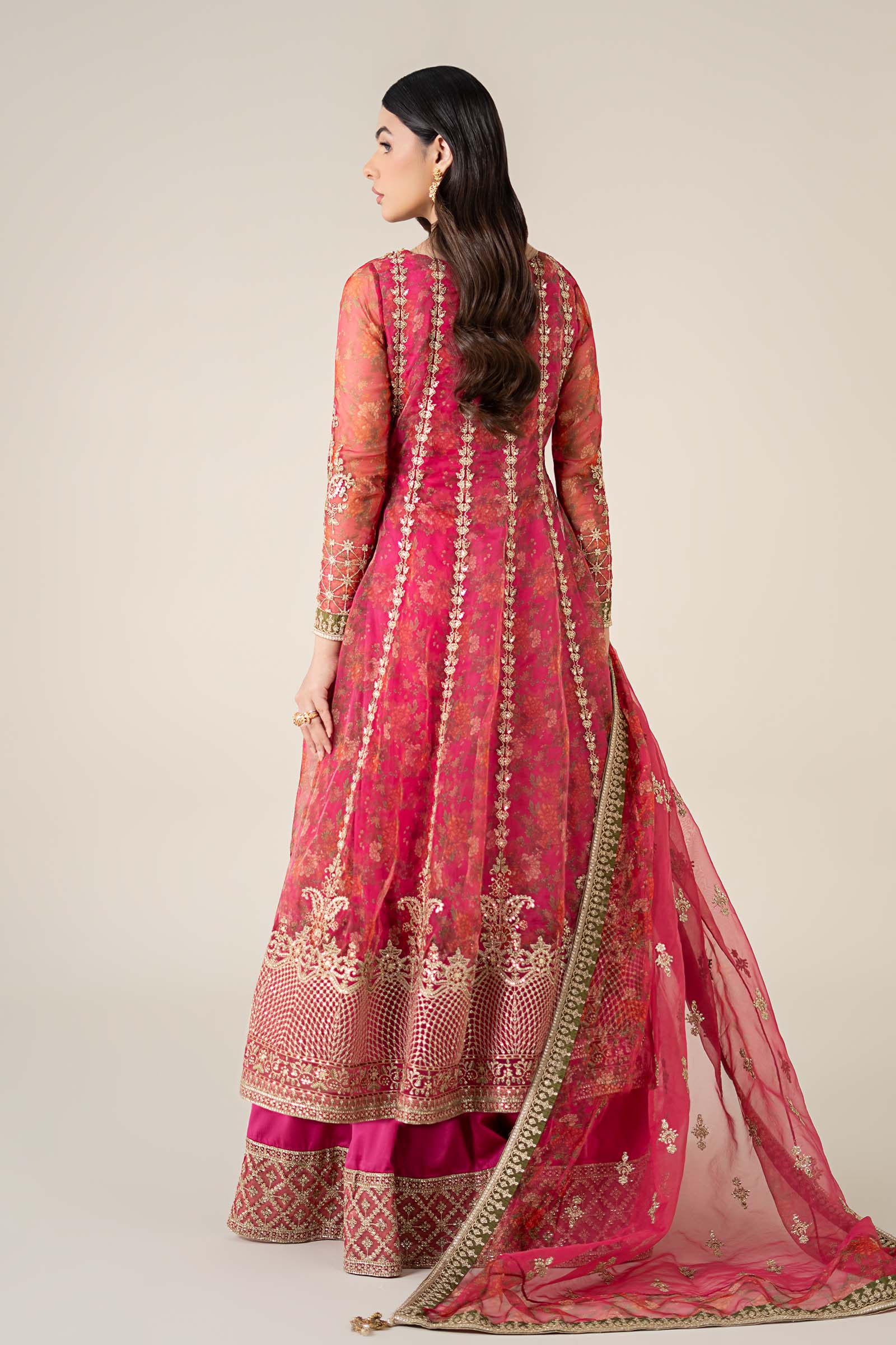 Pakistani Pink Hand-Embellished Organza Frock (3-Piece) - Image 9