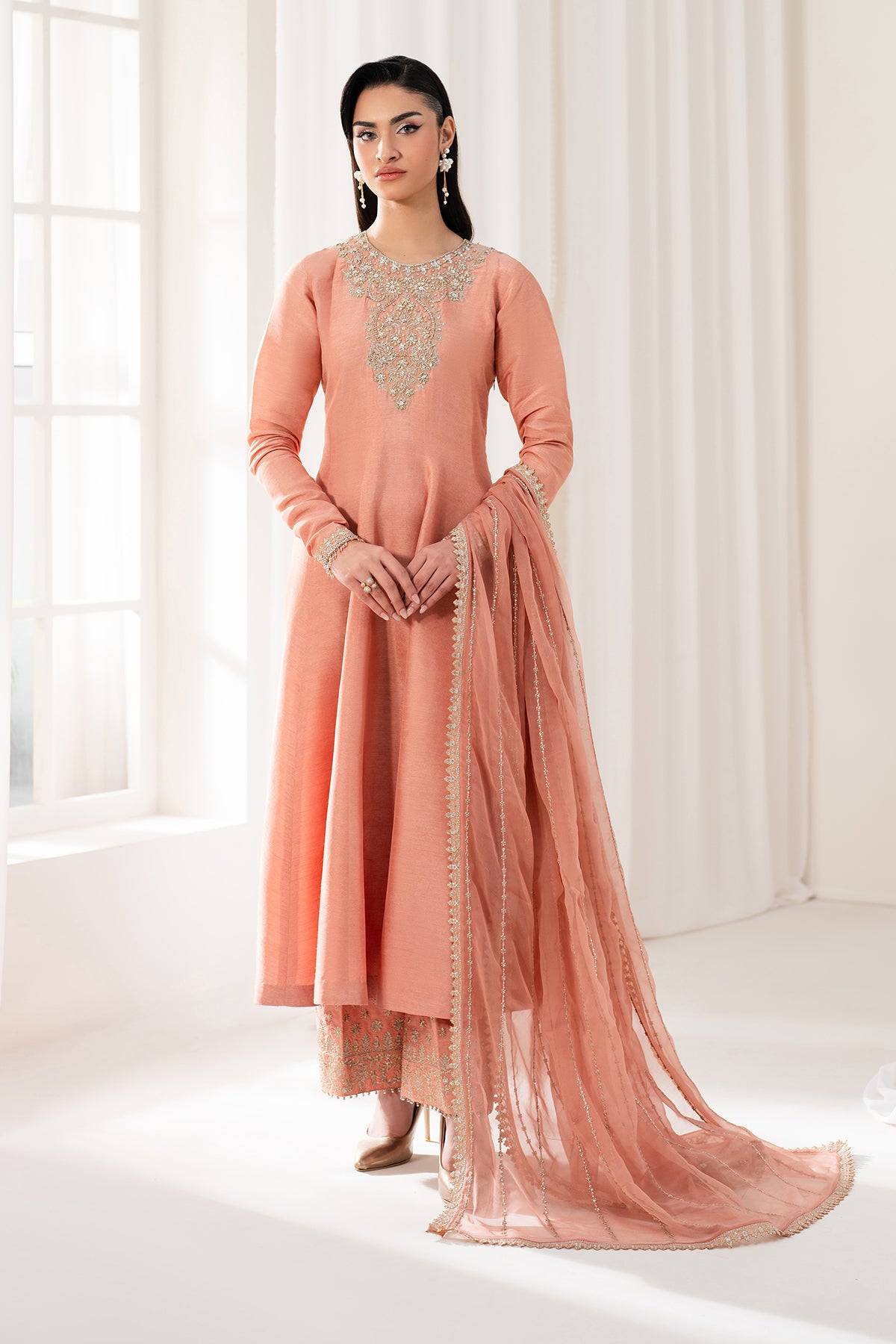Pakistani Peach Hand-Embroidered Silk Frock (3-Piece) - Image 1