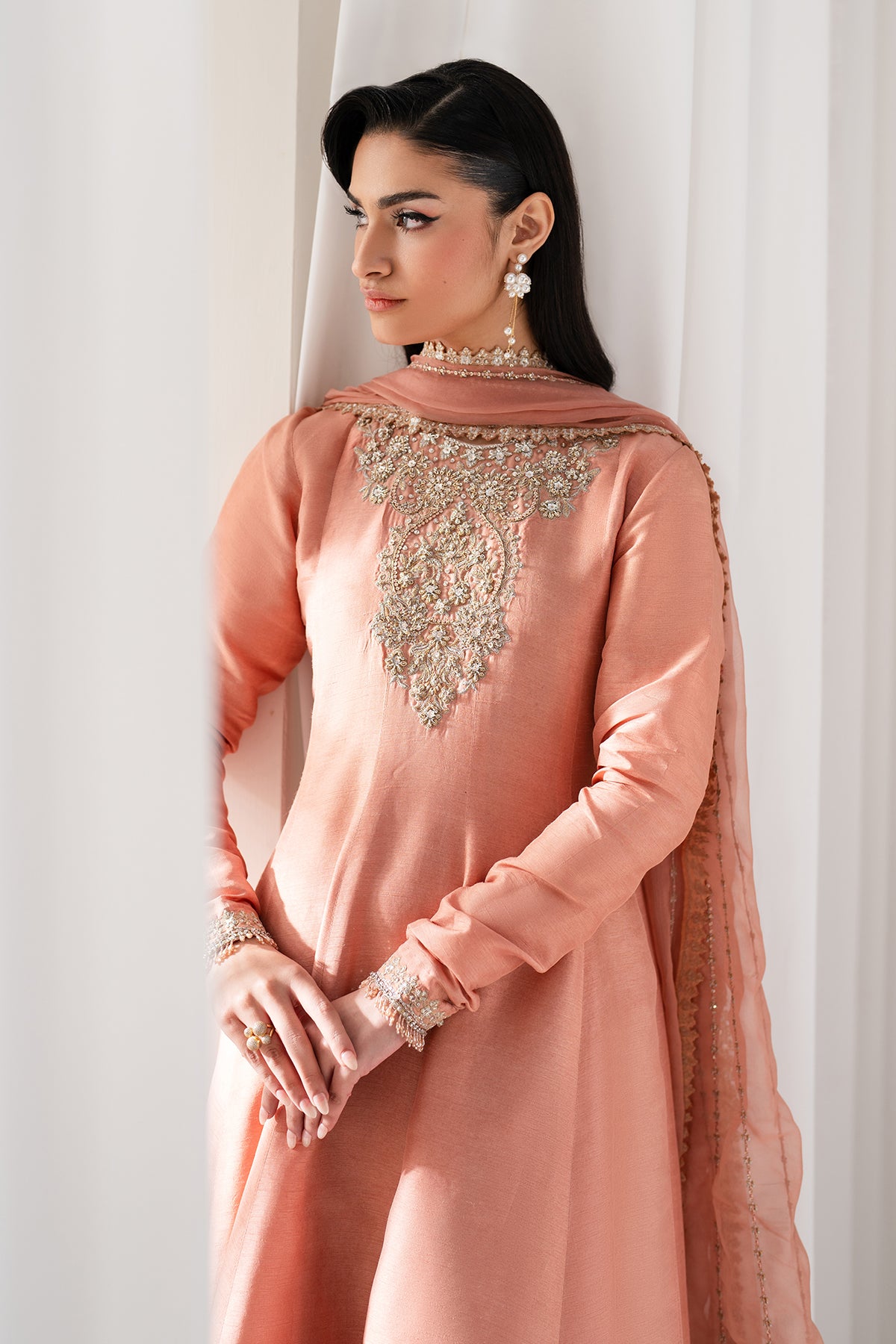 Pakistani Peach Hand-Embroidered Silk Frock (3-Piece) - Image 3