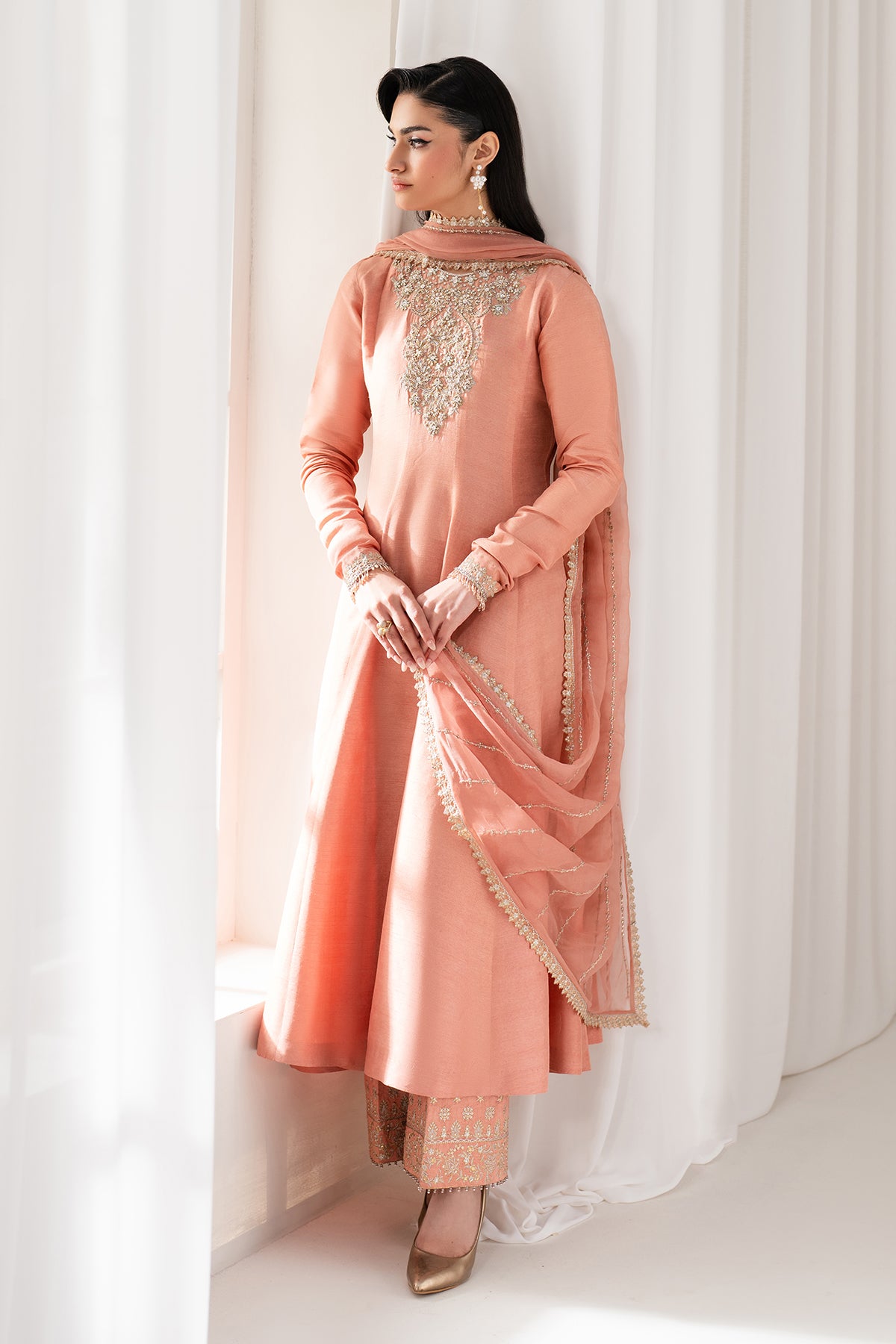 Pakistani Peach Hand-Embroidered Silk Frock (3-Piece) - Image 4