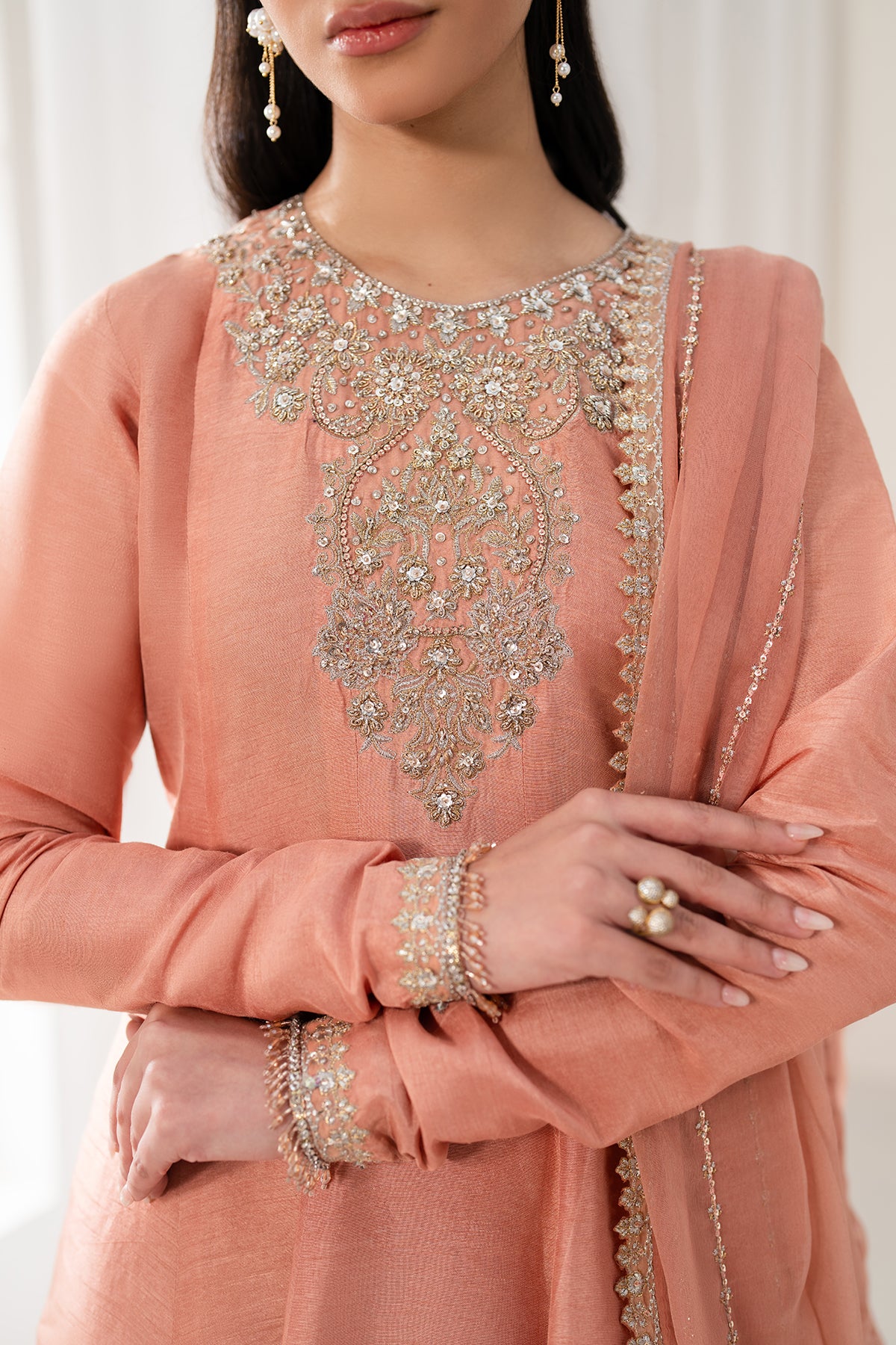 Pakistani Peach Hand-Embroidered Silk Frock (3-Piece) - Image 6