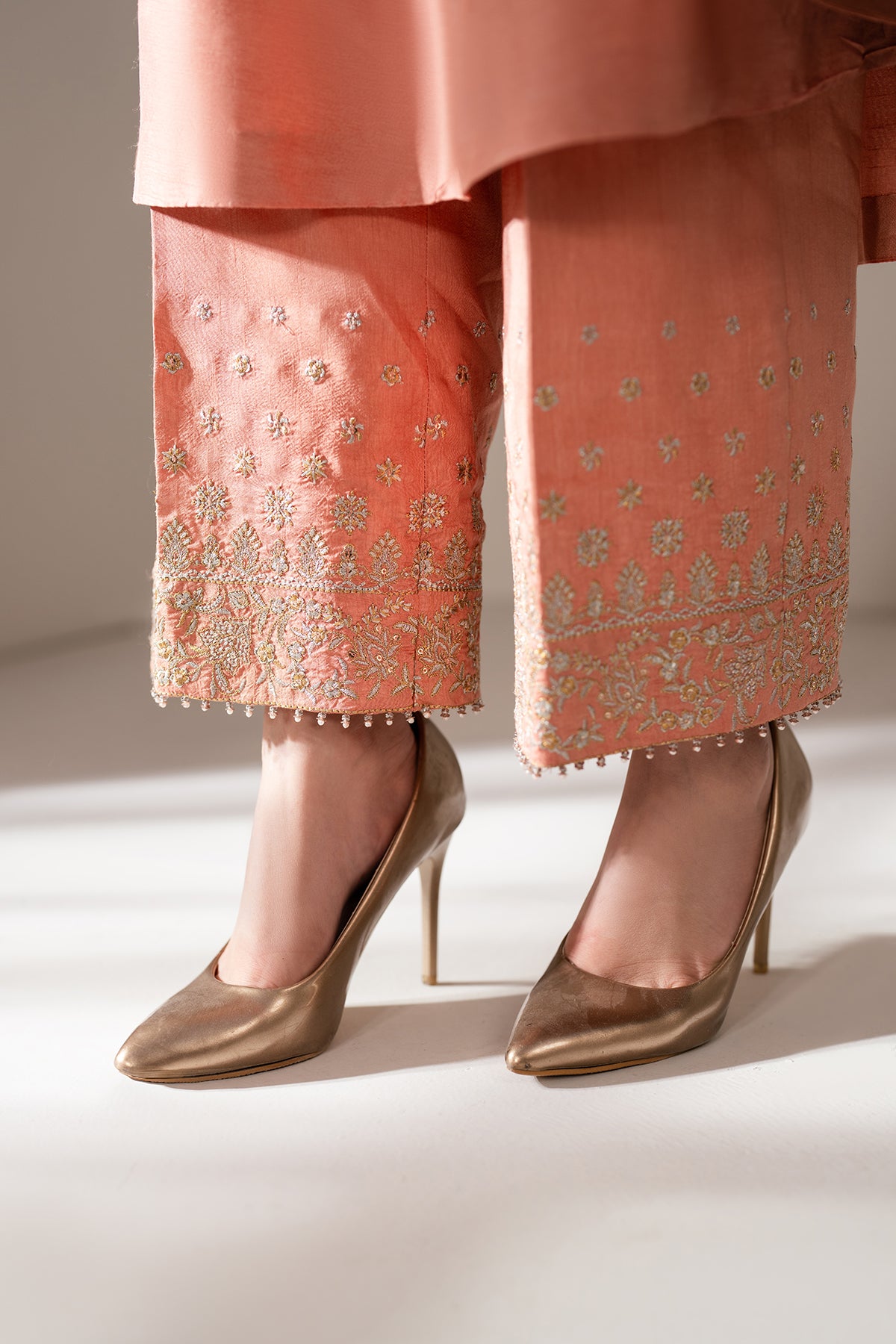 Pakistani Peach Hand-Embroidered Silk Frock (3-Piece) - Image 7