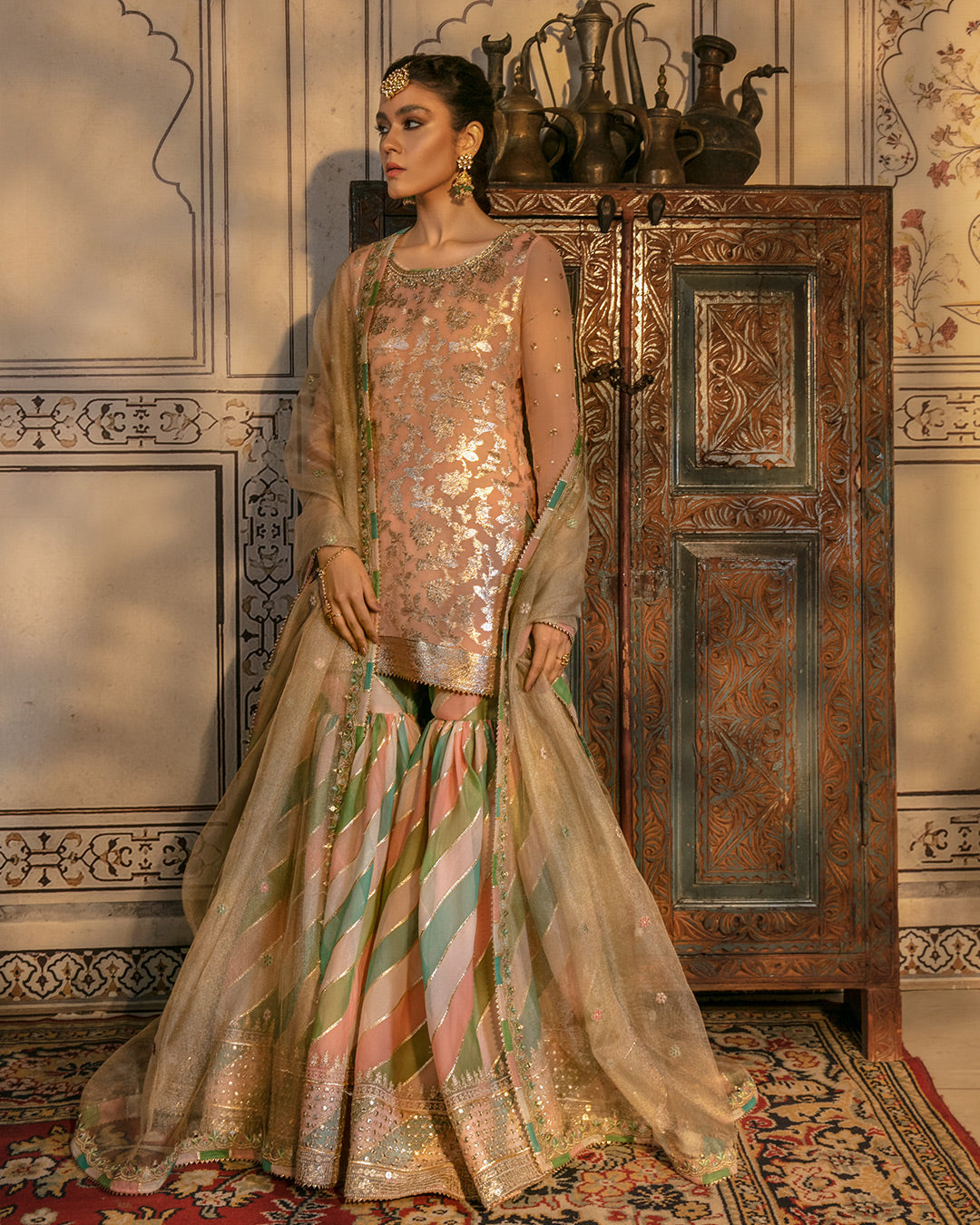 Peach Badla Chiffon Gharara Set (3-Piece) - Image 1