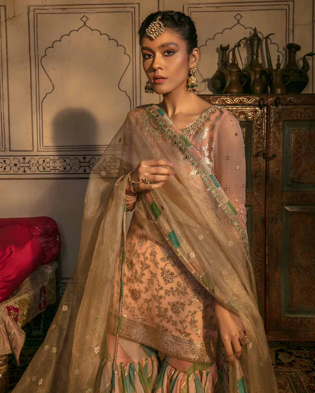 Peach Badla Chiffon Gharara Set (3-Piece) - Image 3