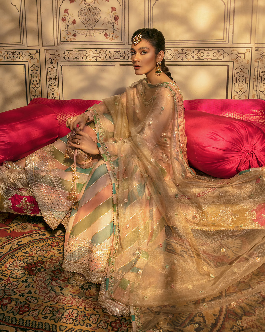 Pakistani Peach Badla Chiffon Gharara Set (3-Piece) - Image 4