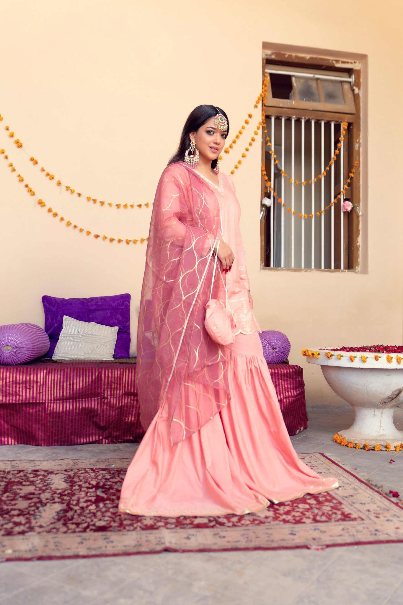 Pakistani Light Pink Embroidered Banarsi Cotton Silk Gharara (3-Piece) - Image 1