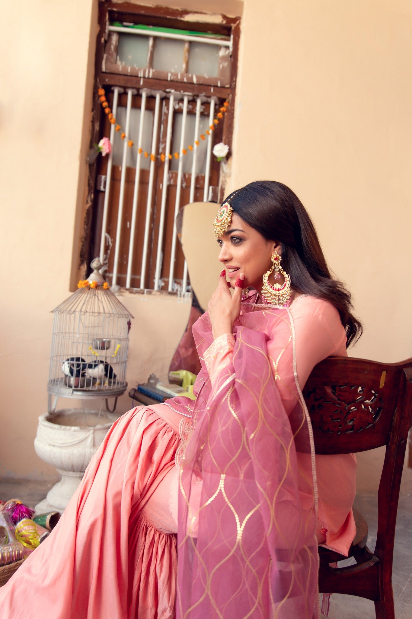 Pakistani Light Pink Embroidered Banarsi Cotton Silk Gharara (3-Piece) - Image 2