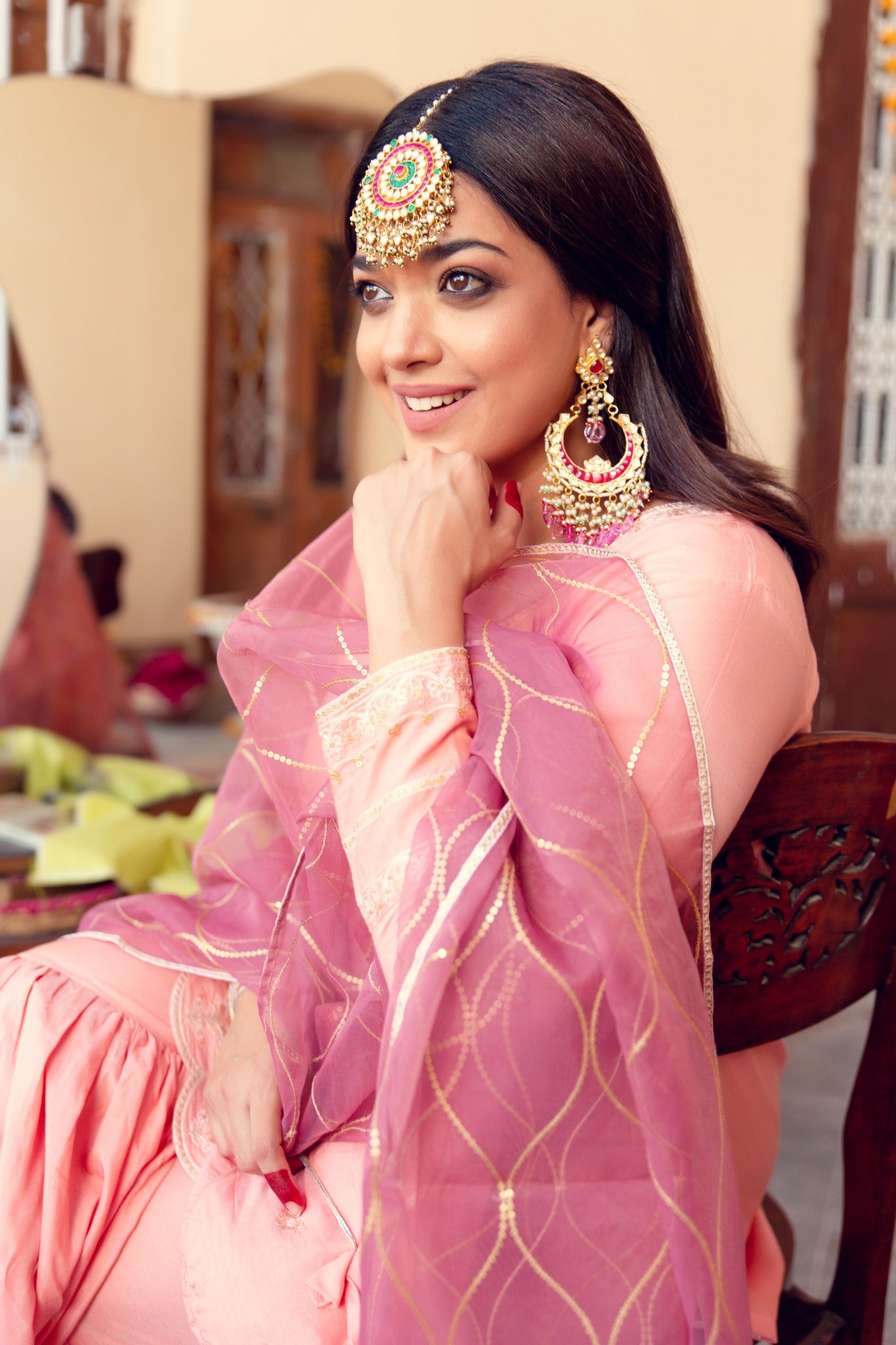 Pakistani Light Pink Embroidered Banarsi Cotton Silk Gharara (3-Piece) - Image 3