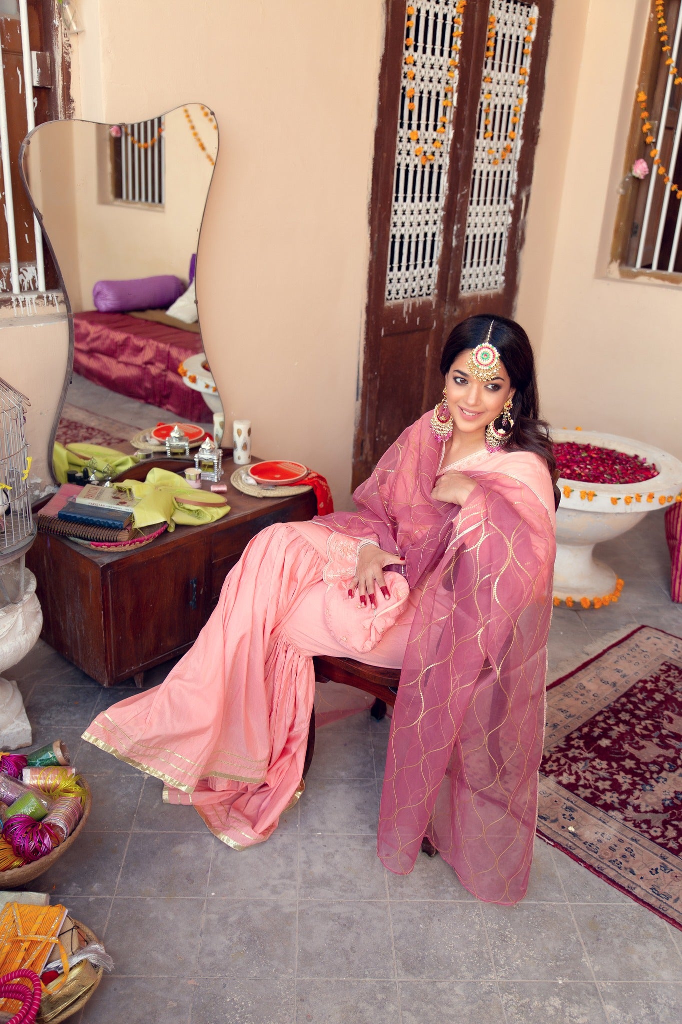 Pakistani Light Pink Embroidered Banarsi Cotton Silk Gharara (3-Piece) - Image 4