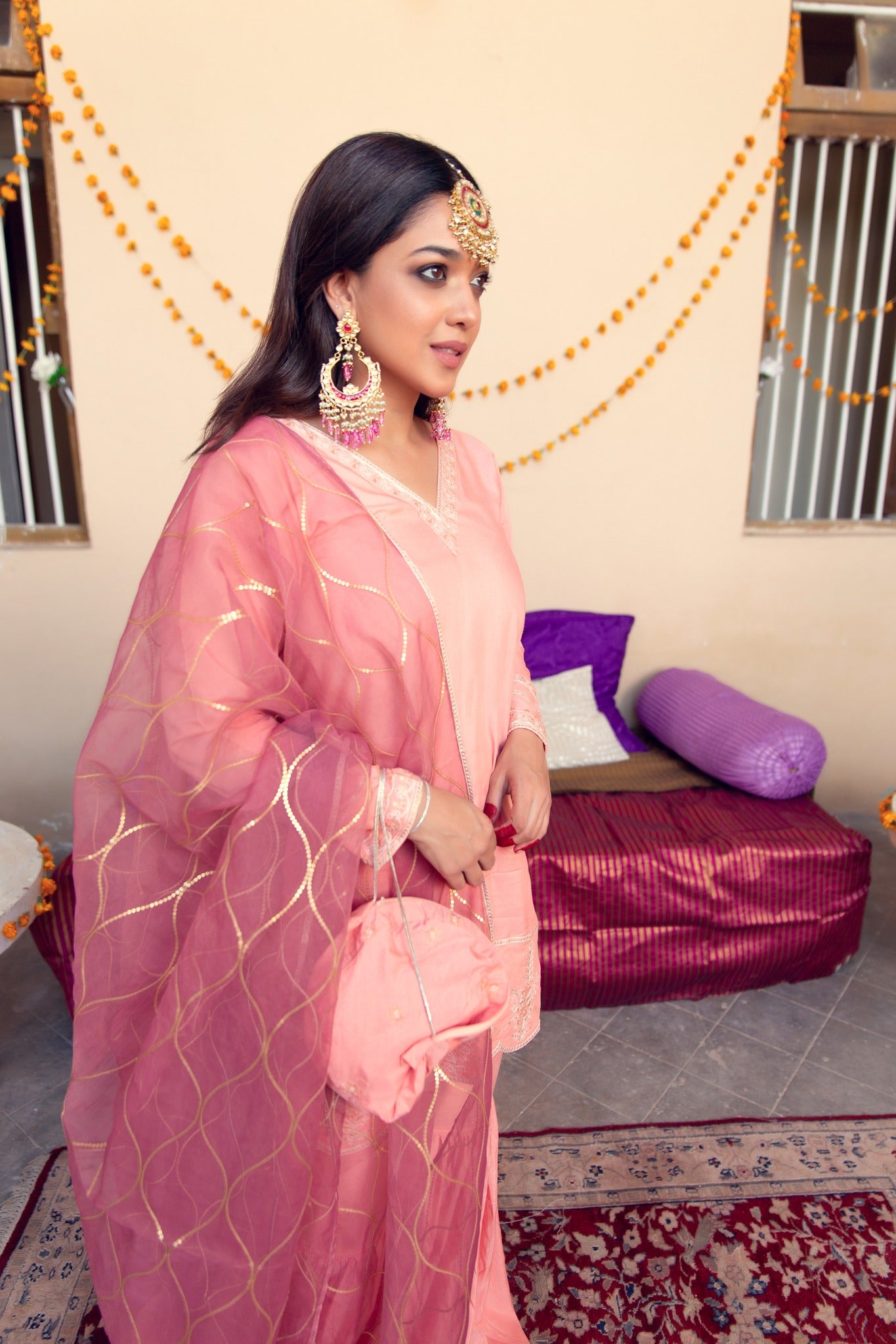 Pakistani Light Pink Embroidered Banarsi Cotton Silk Gharara (3-Piece) - Image 5