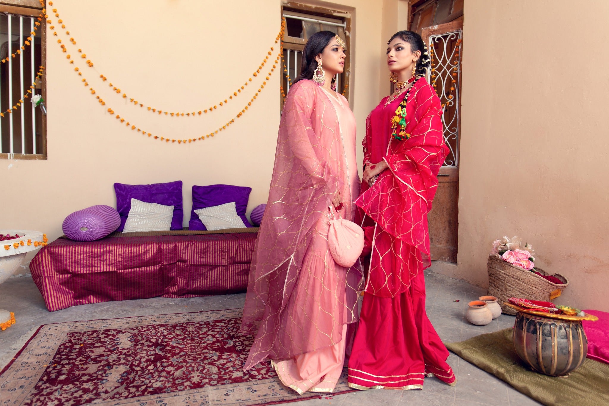 Pakistani Light Pink Embroidered Banarsi Cotton Silk Gharara (3-Piece) - Image 9