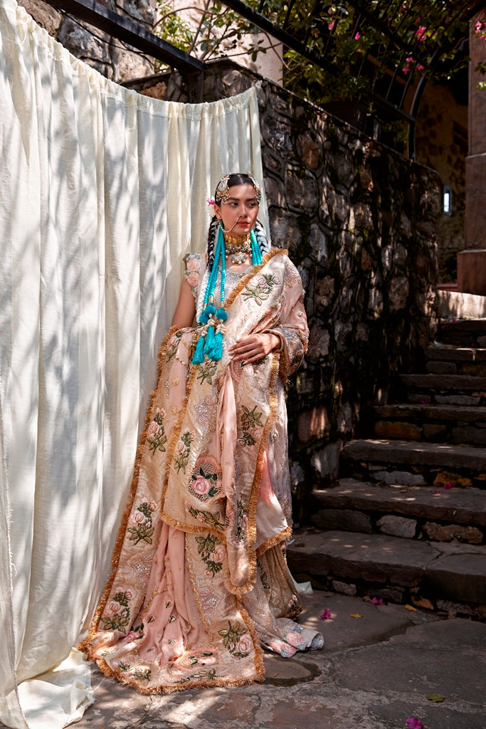 Pakistani Blush Pink Embroidered Brocade Gharara Set (3-Piece) - Image 3