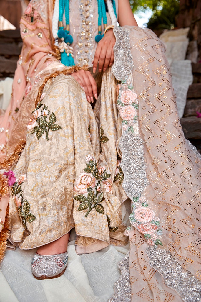 Pakistani Blush Pink Embroidered Brocade Gharara Set (3-Piece) - Image 5