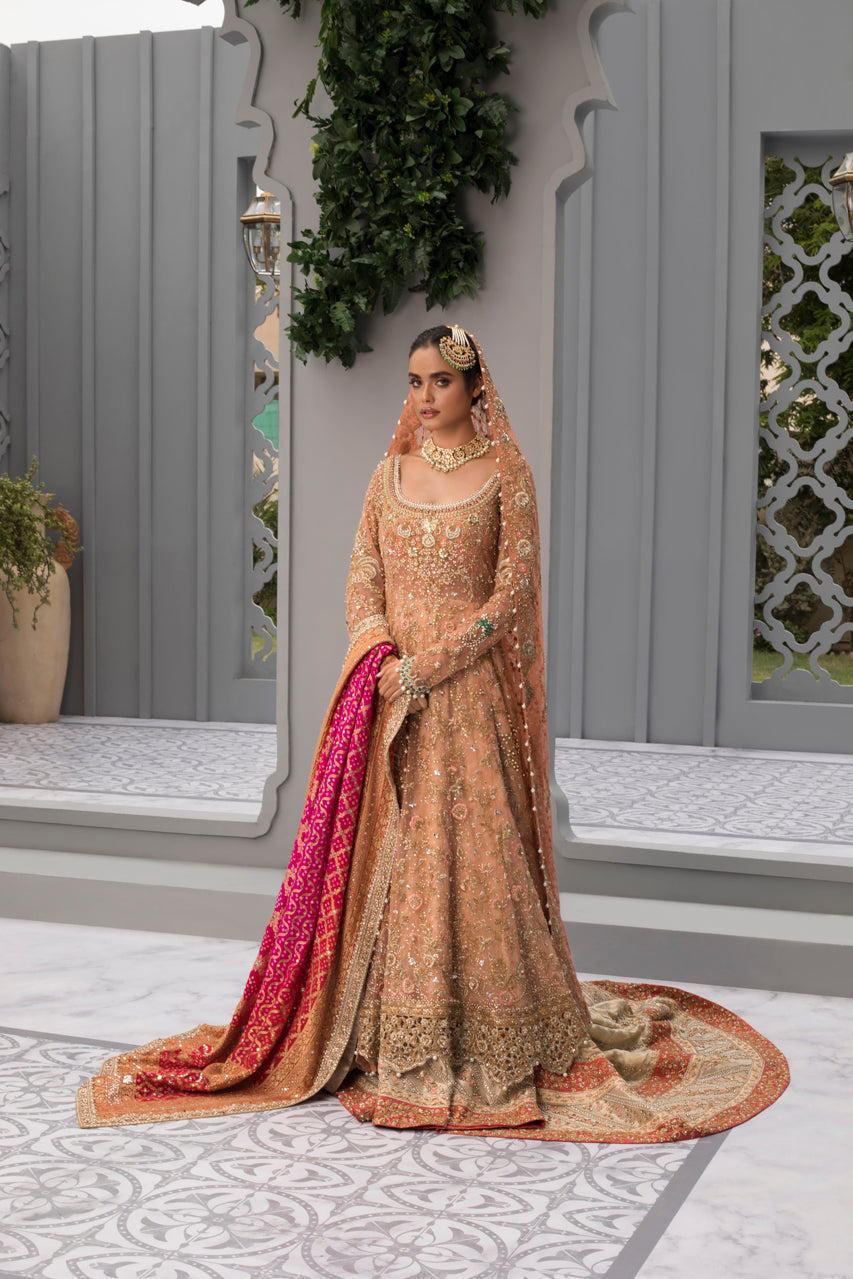 Pakistani Coral Zardozi Net & Brocade Farshi Gharara (3-Piece) - Image 1
