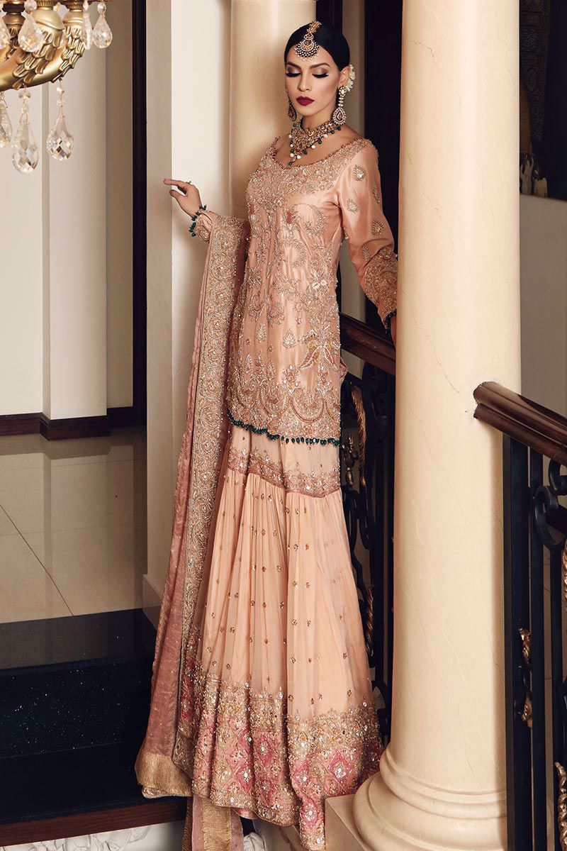 Pakistani Tea Pink Gangajamni Embroidered Chiffon Gharara (3-Piece) - Image 2