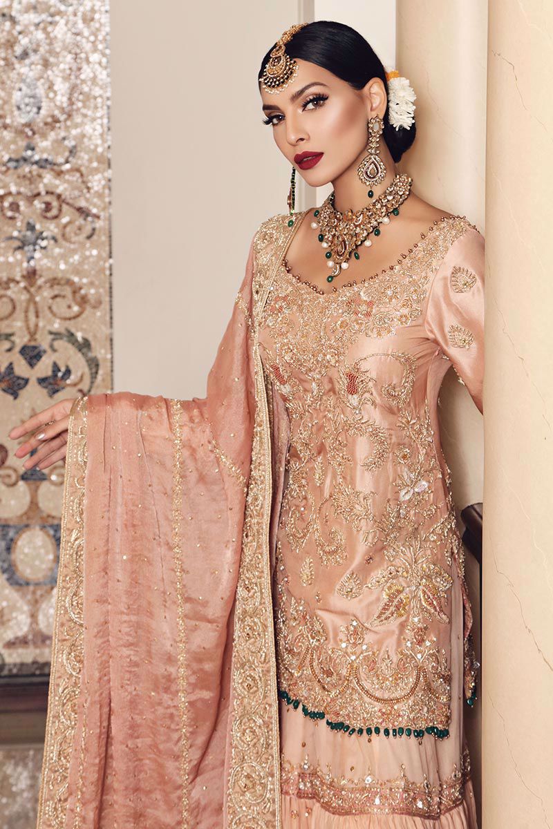 Pakistani Tea Pink Gangajamni Embroidered Chiffon Gharara (3-Piece) - Image 3