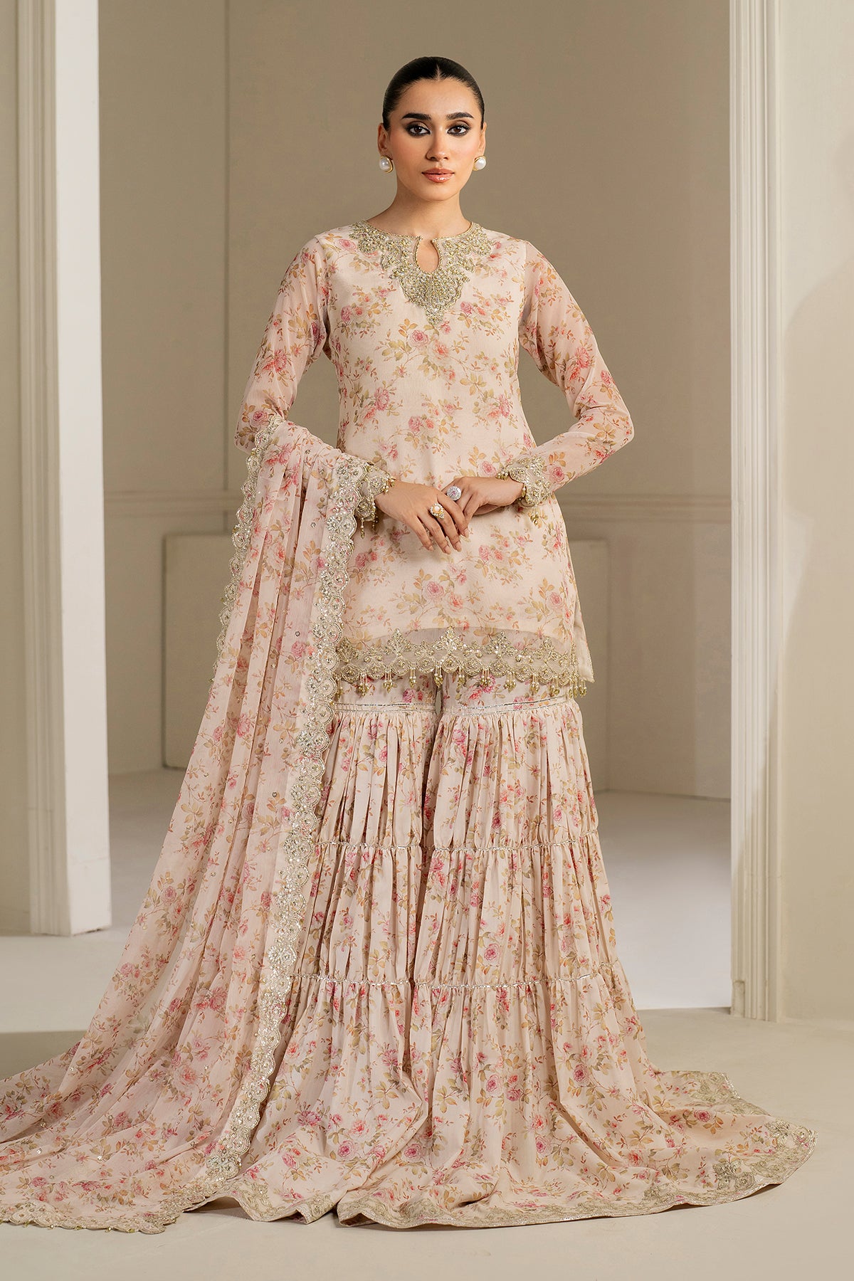 Pakistani Blush Pink Embroidered Chiffon Gharara (3-Piece) - Image 1