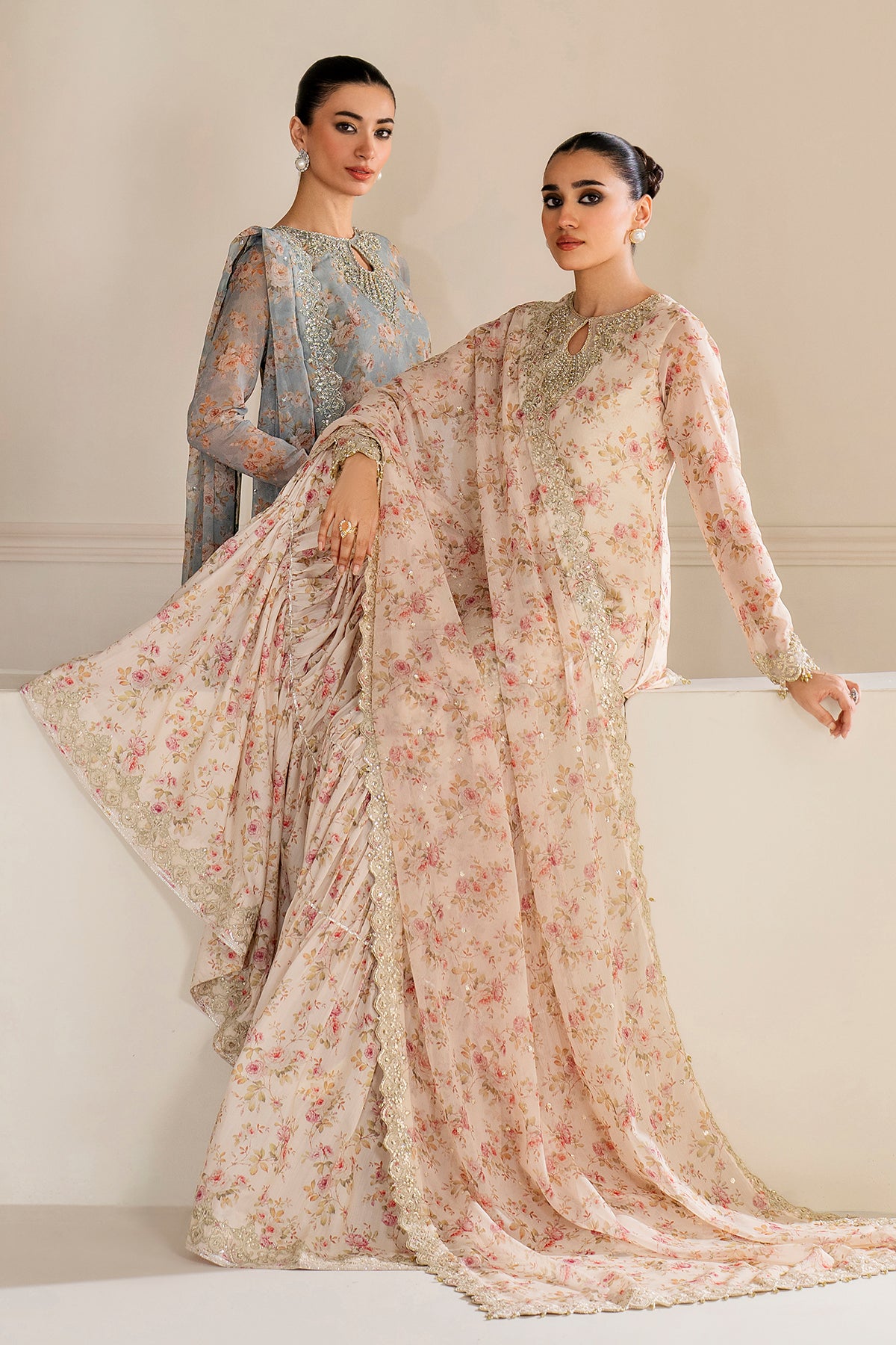 Pakistani Blush Pink Embroidered Chiffon Gharara (3-Piece) - Image 10
