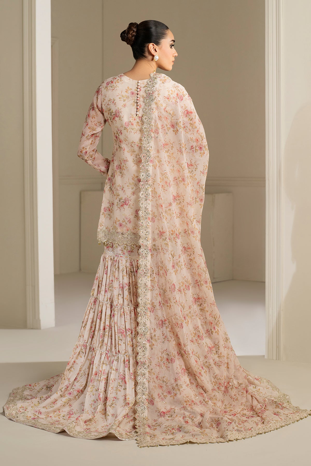 Pakistani Blush Pink Embroidered Chiffon Gharara (3-Piece) - Image 2