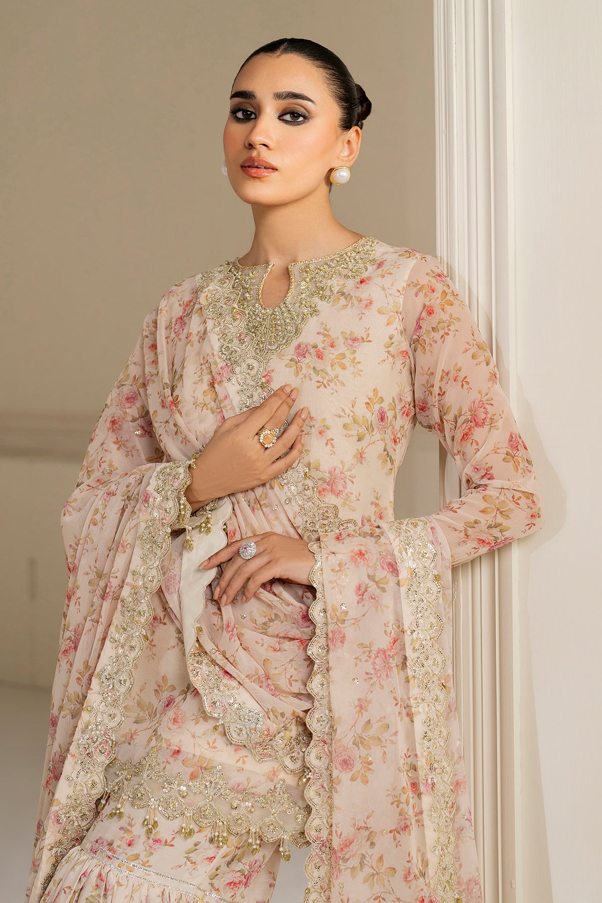 Pakistani Blush Pink Embroidered Chiffon Gharara (3-Piece) - Image 3