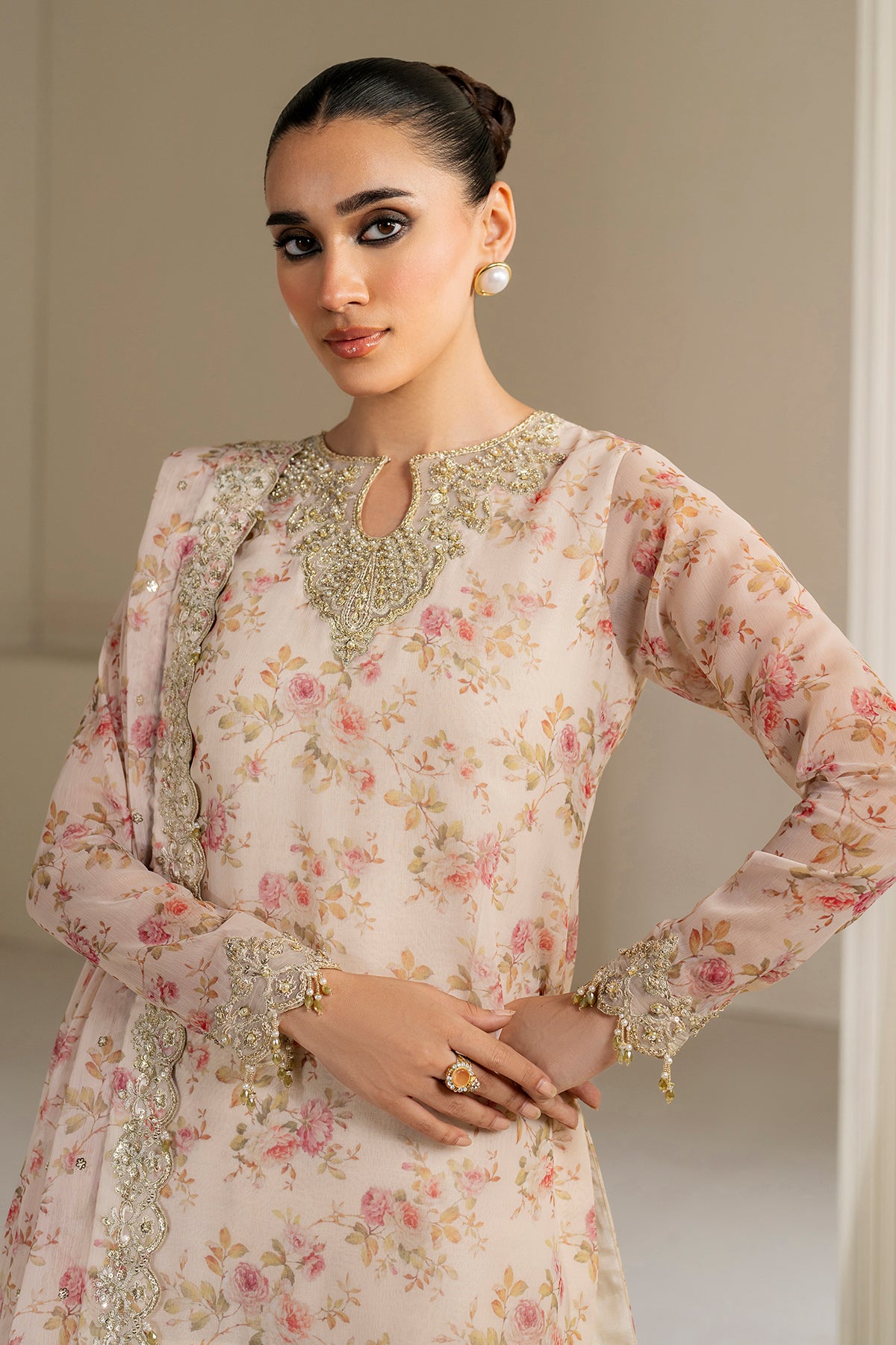 Pakistani Blush Pink Embroidered Chiffon Gharara (3-Piece) - Image 4