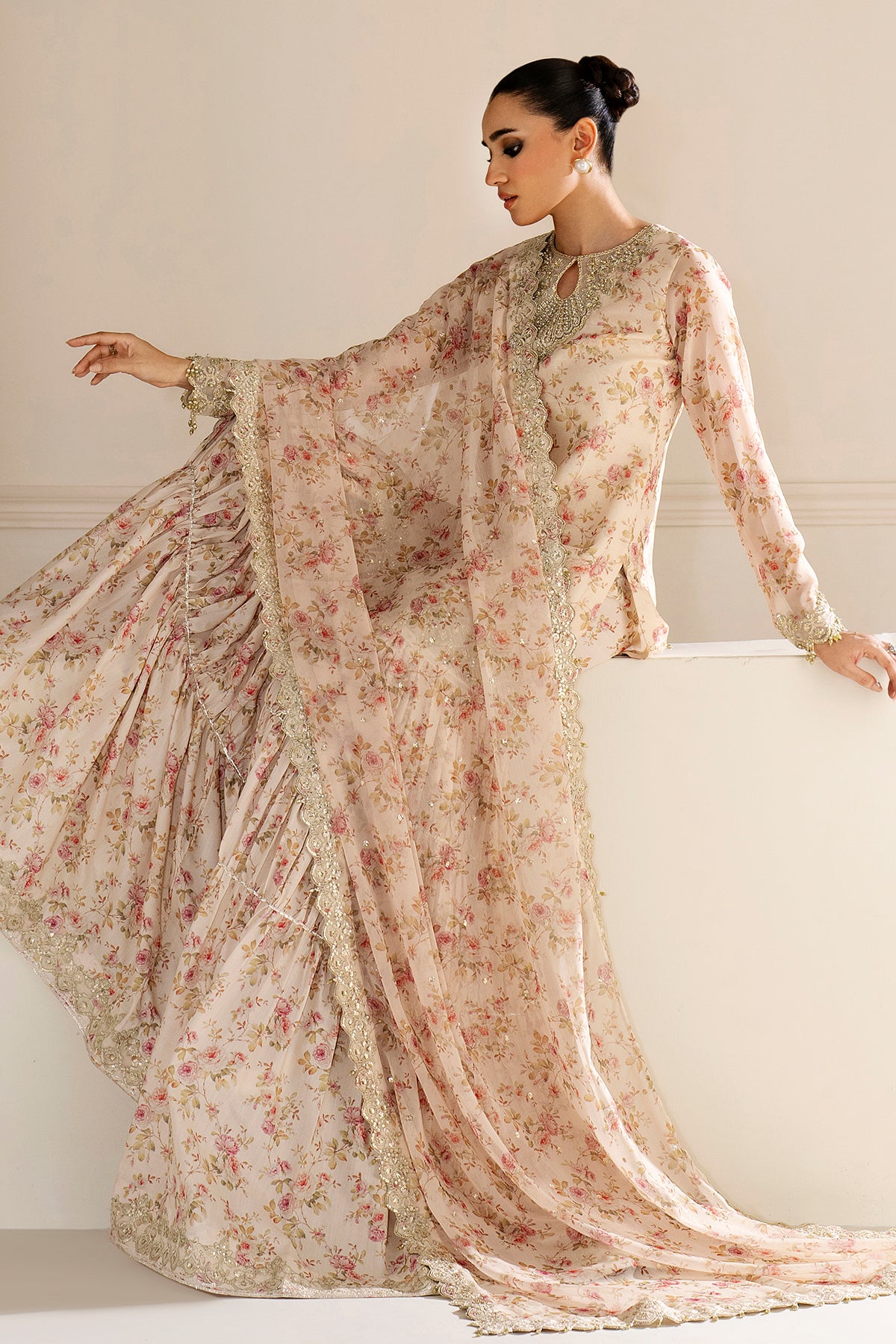 Pakistani Blush Pink Embroidered Chiffon Gharara (3-Piece) - Image 5