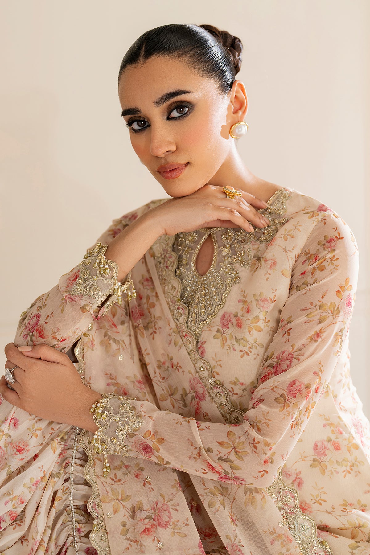 Pakistani Blush Pink Embroidered Chiffon Gharara (3-Piece) - Image 6