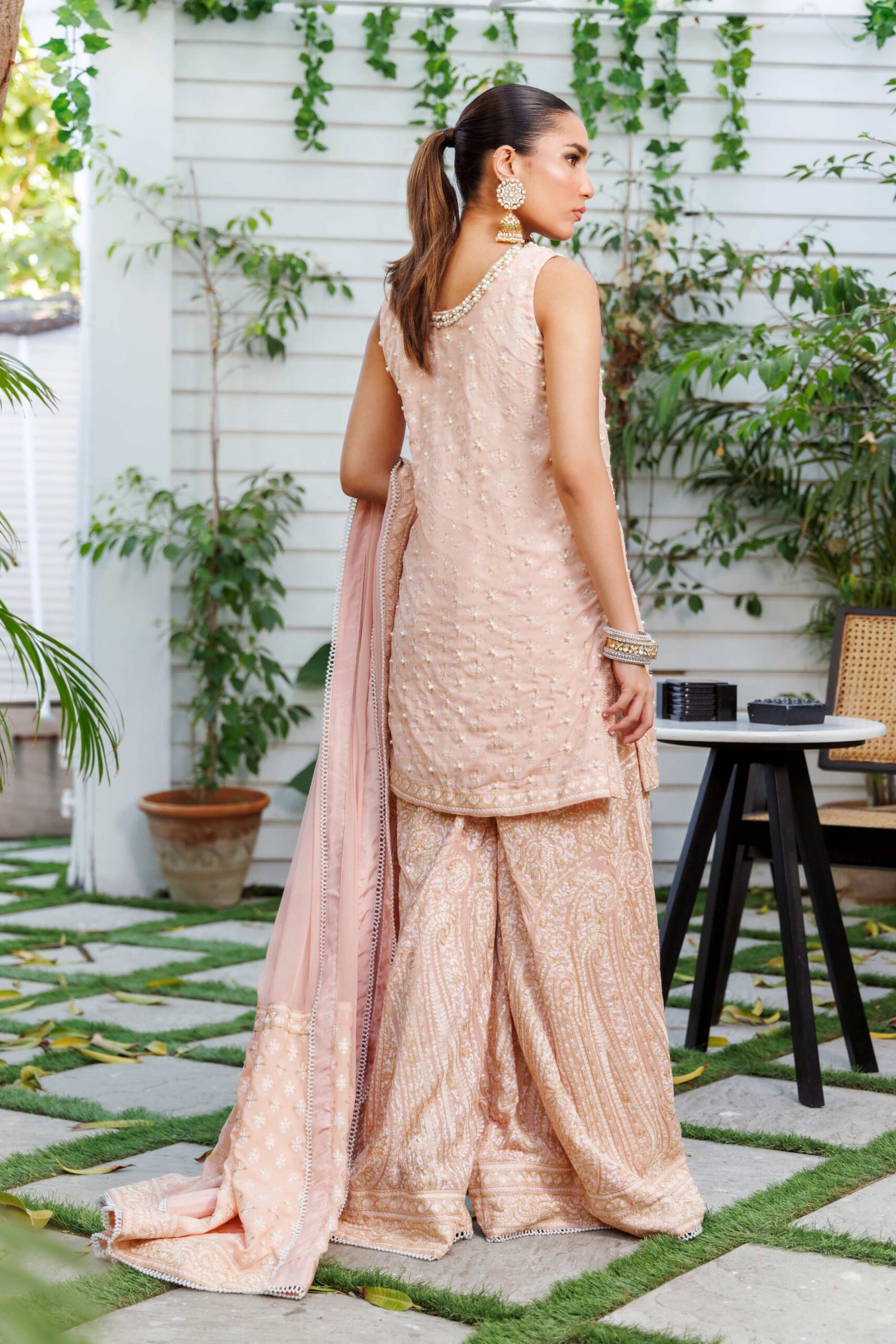 Pakistani Pastel Pink Kashmiri Embroidered Chiffon Gharara (3-Piece) - Image 3