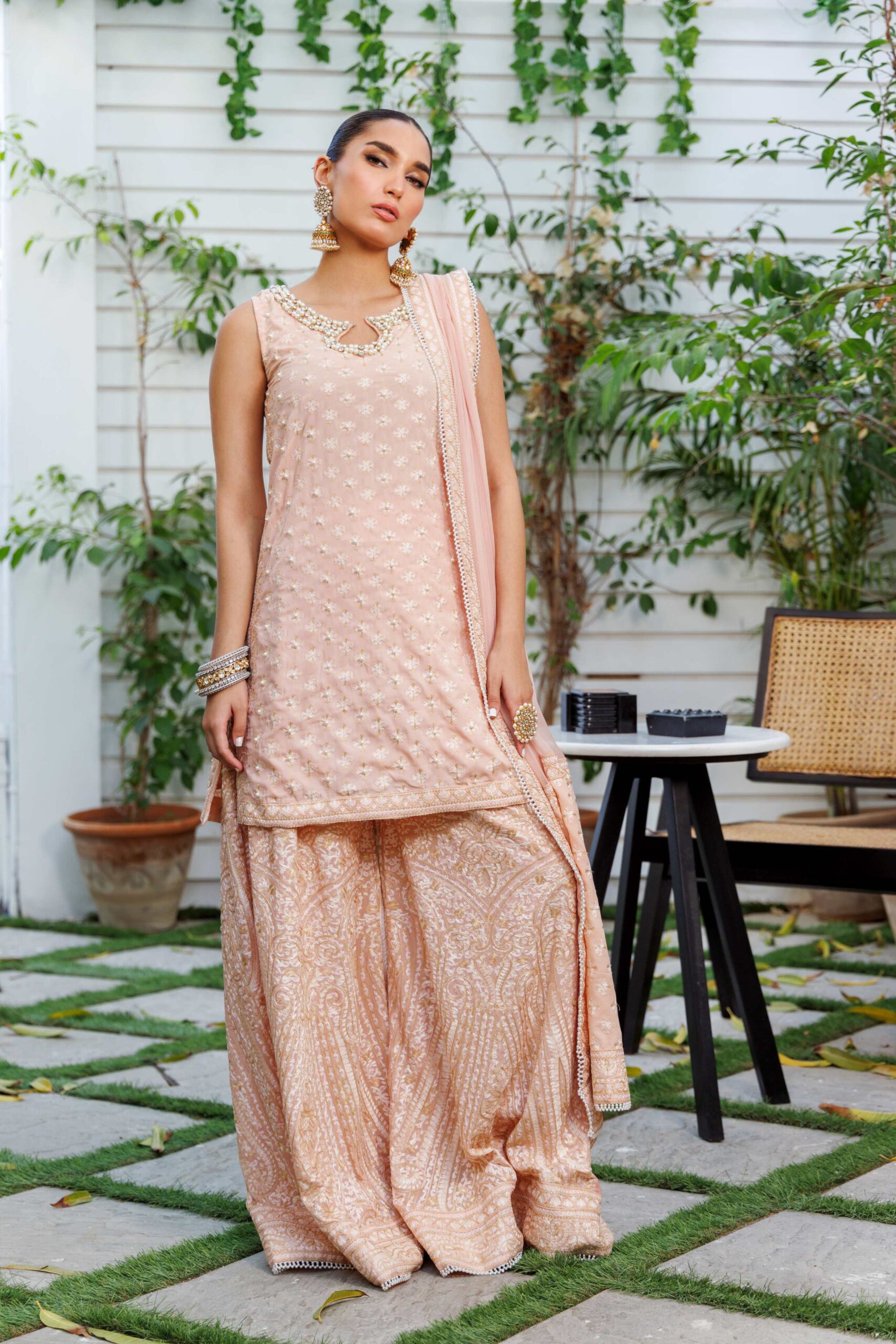 Pakistani Pastel Pink Kashmiri Embroidered Chiffon Gharara (3-Piece) - Image 4