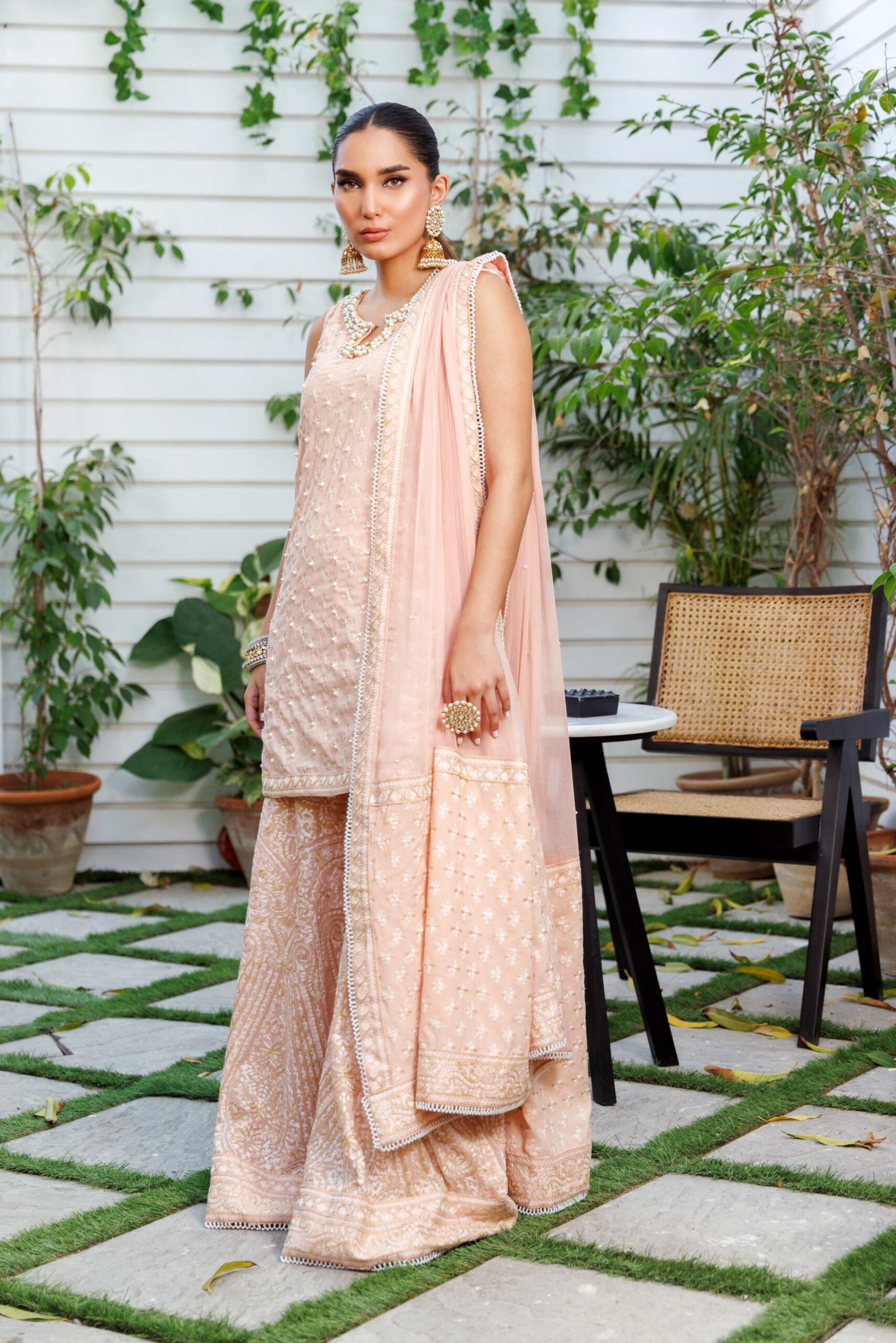 Pakistani Pastel Pink Kashmiri Embroidered Chiffon Gharara (3-Piece) - Image 5