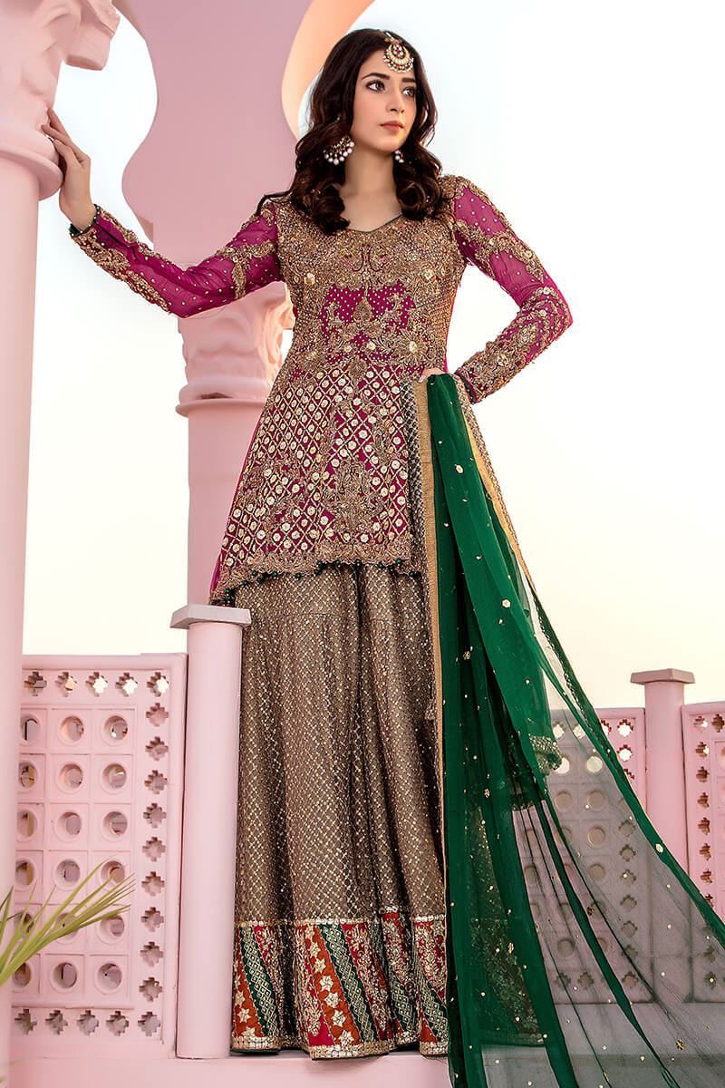 Magenta Embroidered Chiffon Peplum Gharara (3-Piece) - Image 1