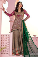 Magenta Embroidered Chiffon Peplum Gharara (3-Piece) - Image 2