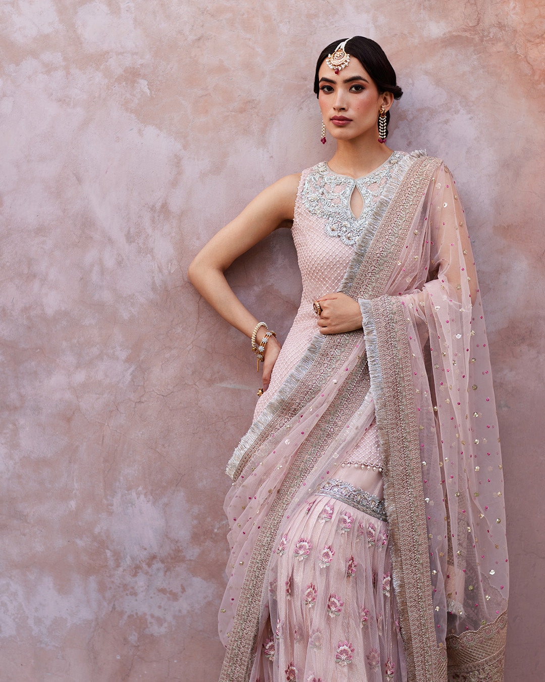 Pakistani Powder Pink Naqshi Tilla Chiffon Gharara (3-Piece) - Image 4