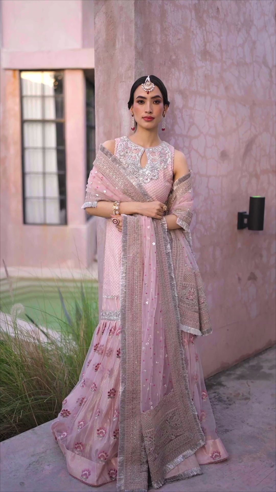 Pakistani Powder Pink Naqshi Tilla Chiffon Gharara (3-Piece) - Image 6