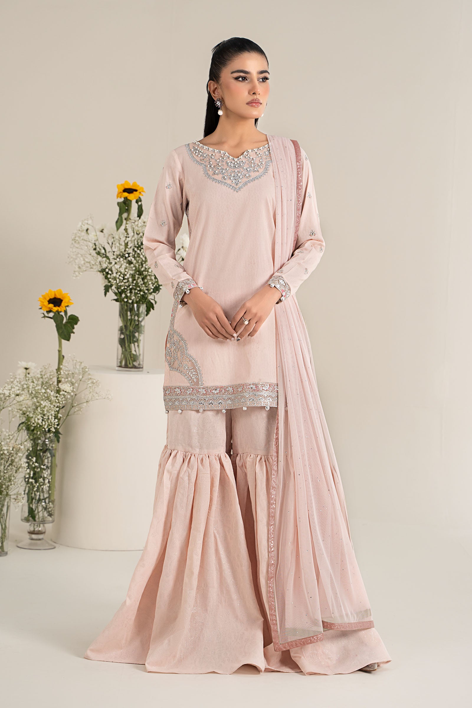 Pakistani Pastel Pink Embroidered Dobby Lawn Gharara (3-Piece) - Image 1