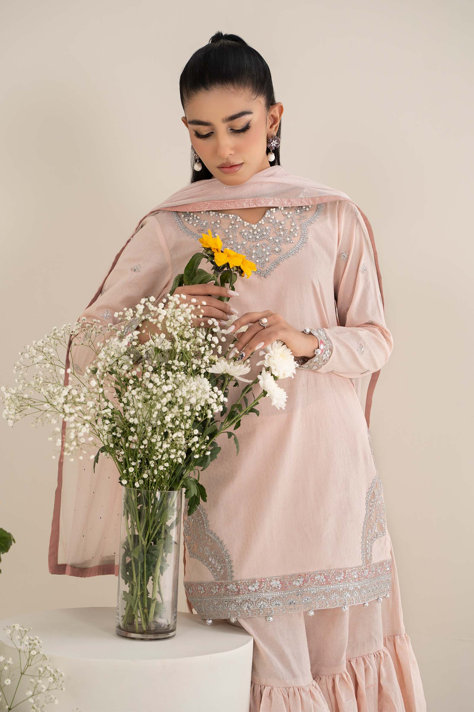 Pakistani Pastel Pink Embroidered Dobby Lawn Gharara (3-Piece) - Image 3