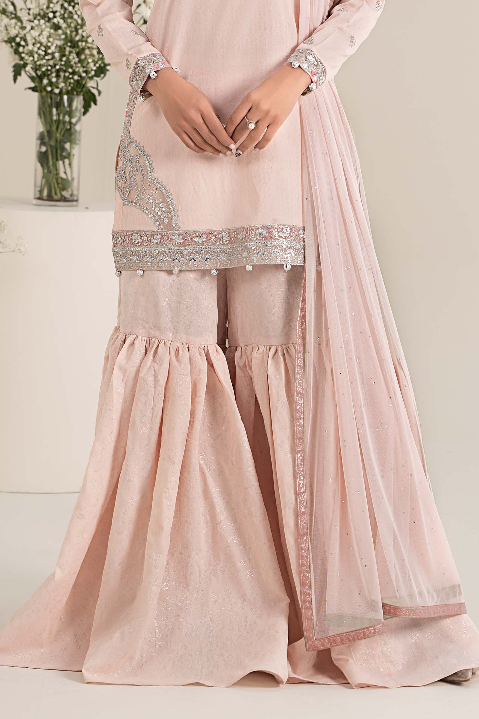 Pakistani Pastel Pink Embroidered Dobby Lawn Gharara (3-Piece) - Image 6