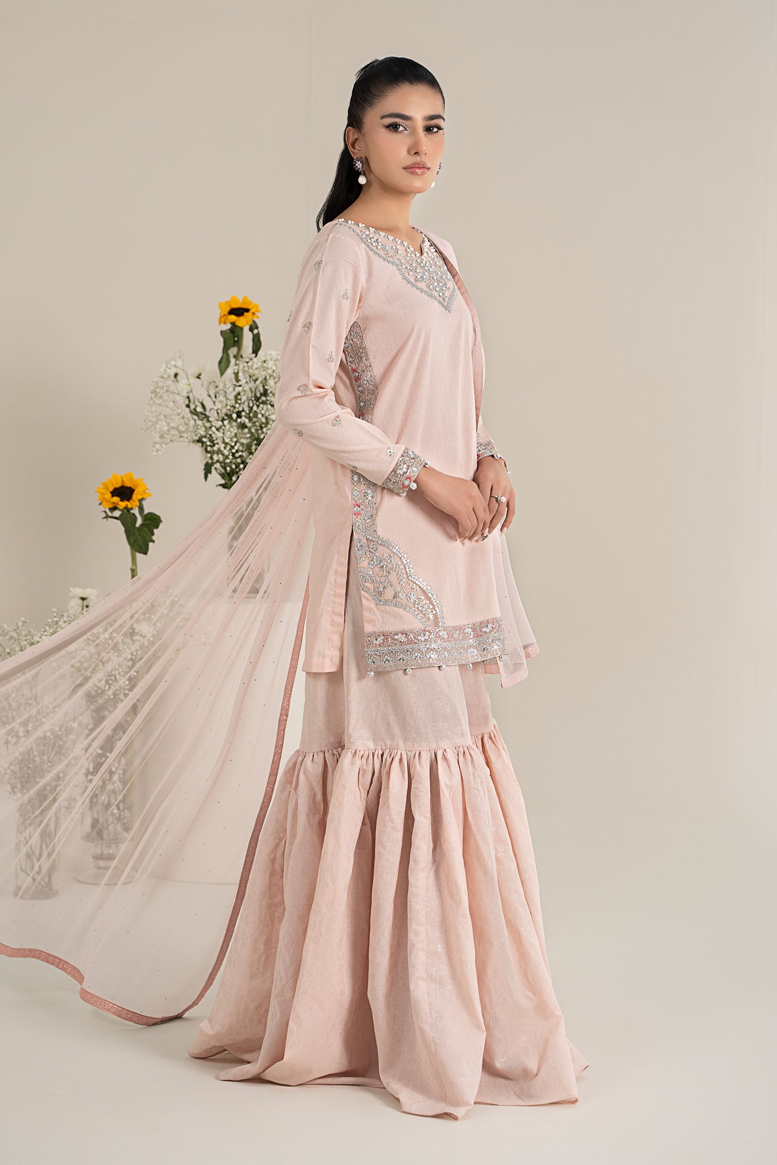 Pakistani Pastel Pink Embroidered Dobby Lawn Gharara (3-Piece) - Image 7