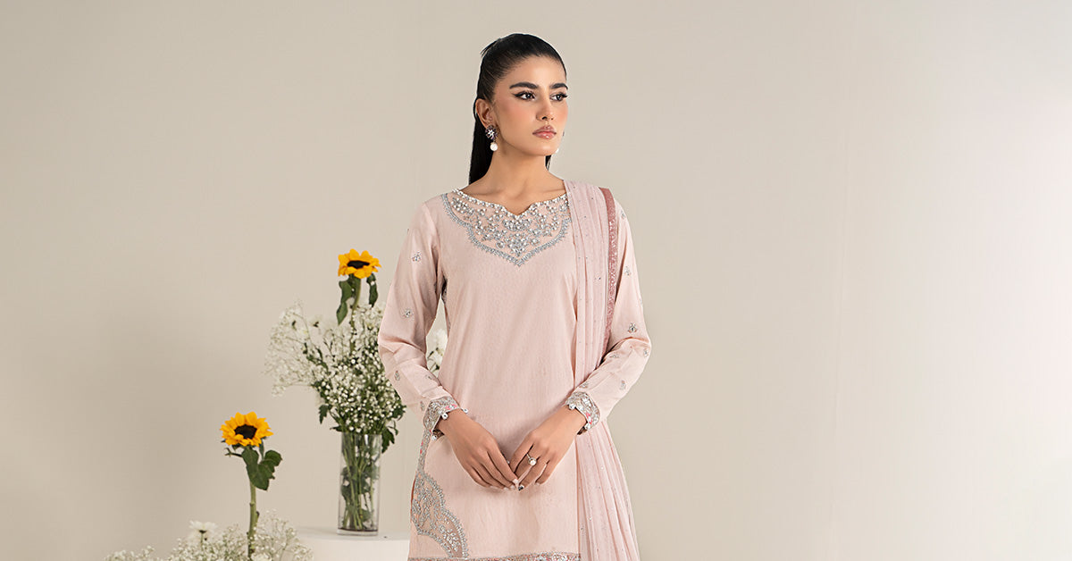 Pakistani Pastel Pink Embroidered Dobby Lawn Gharara (3-Piece) - Image 9