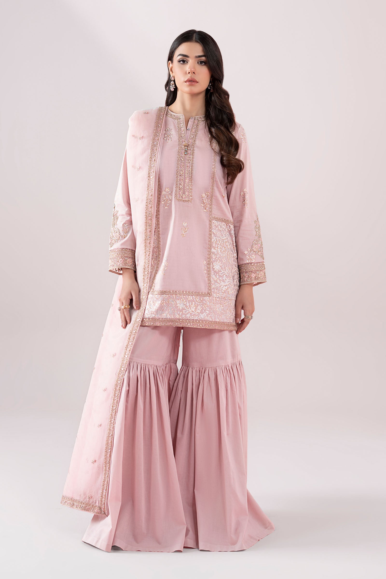 Pakistani Pastel Pink Embroidered Dobby Gharara Set (3-Piece) - Image 1