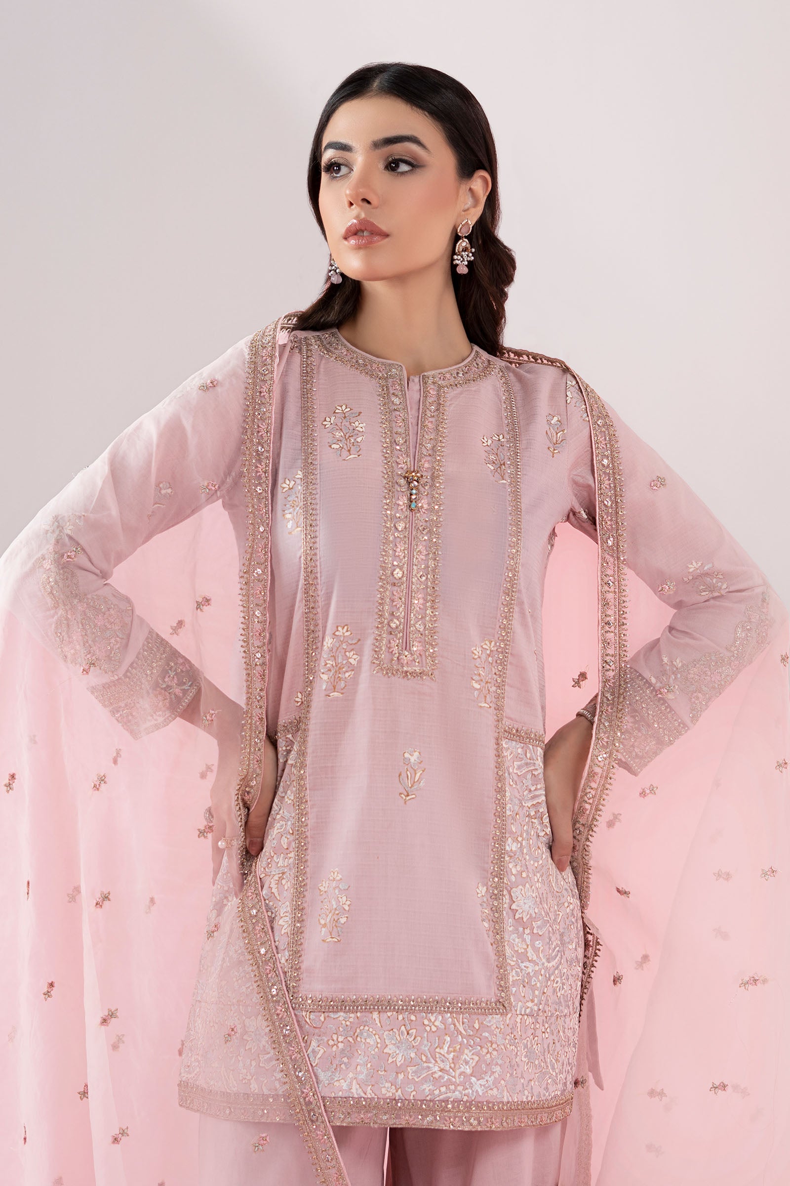 Pakistani Pastel Pink Embroidered Dobby Gharara Set (3-Piece) - Image 2