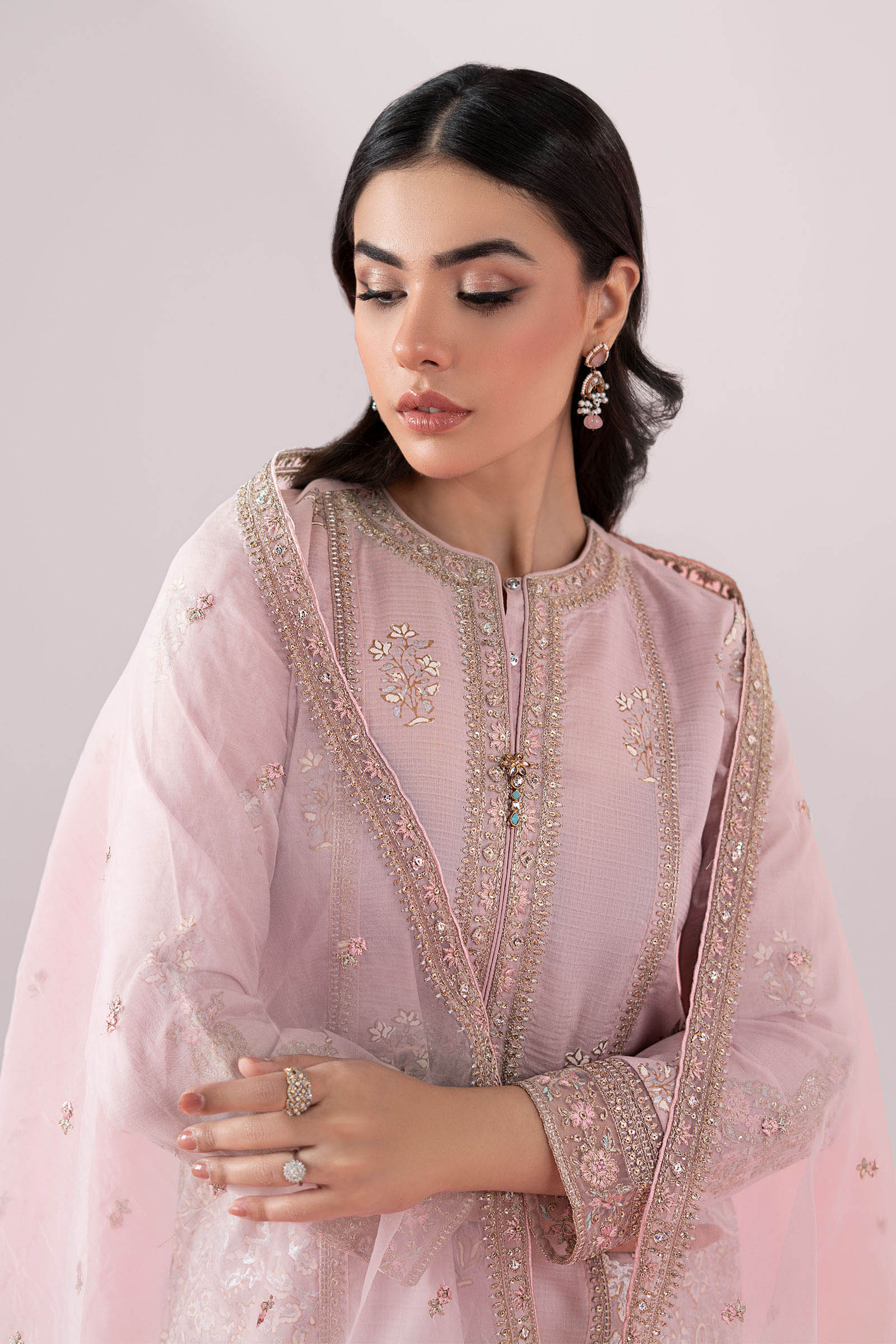 Pakistani Pastel Pink Embroidered Dobby Gharara Set (3-Piece) - Image 3