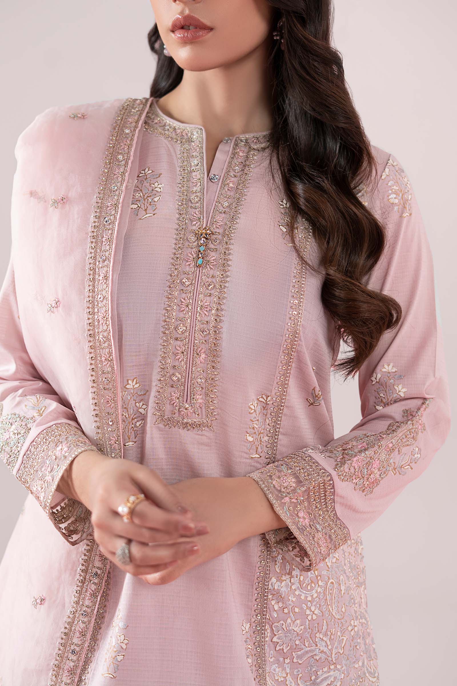 Pakistani Pastel Pink Embroidered Dobby Gharara Set (3-Piece) - Image 4