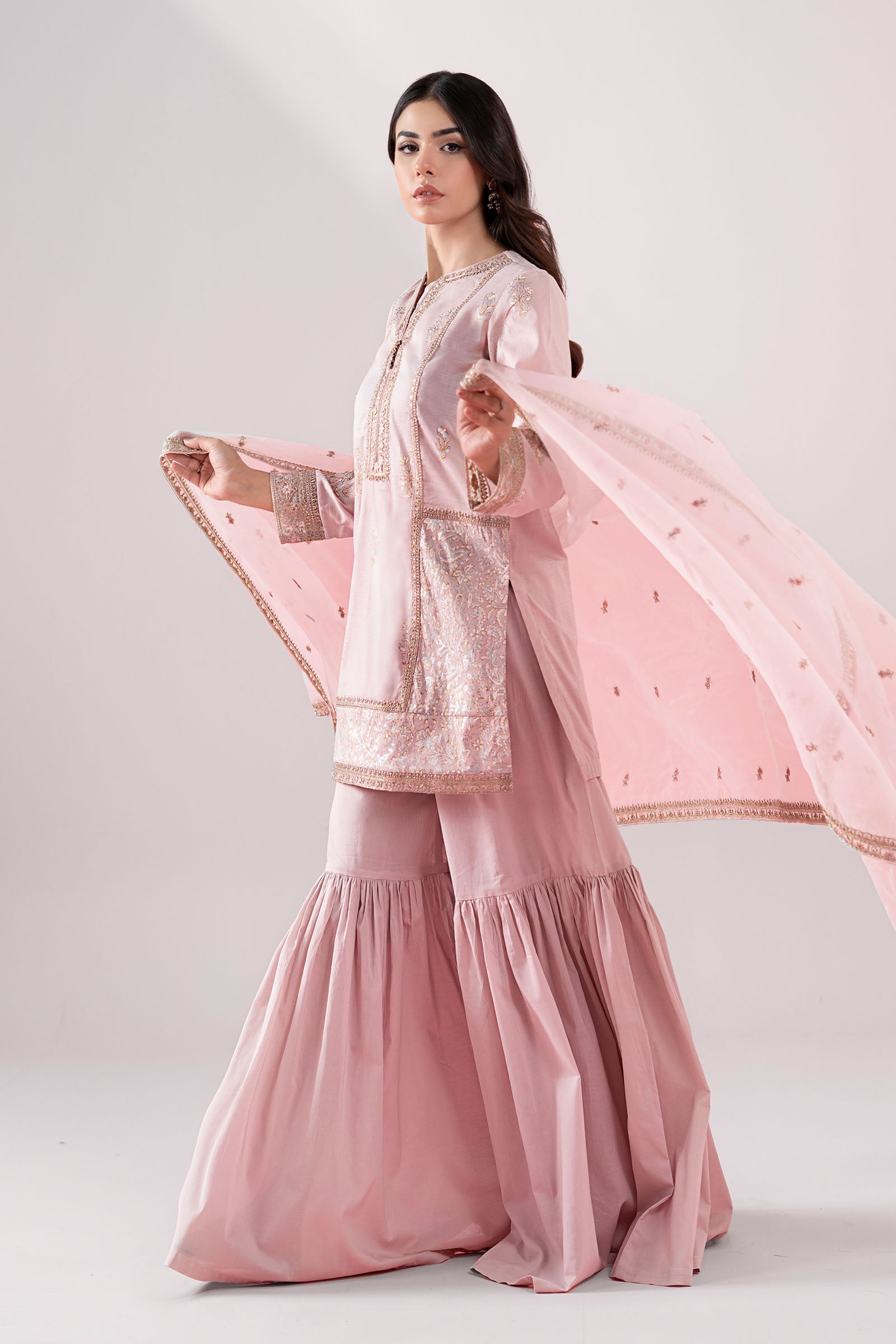 Pakistani Pastel Pink Embroidered Dobby Gharara Set (3-Piece) - Image 6