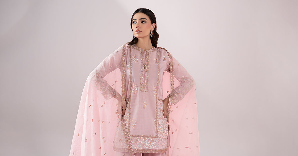 Pakistani Pastel Pink Embroidered Dobby Gharara Set (3-Piece) - Image 8