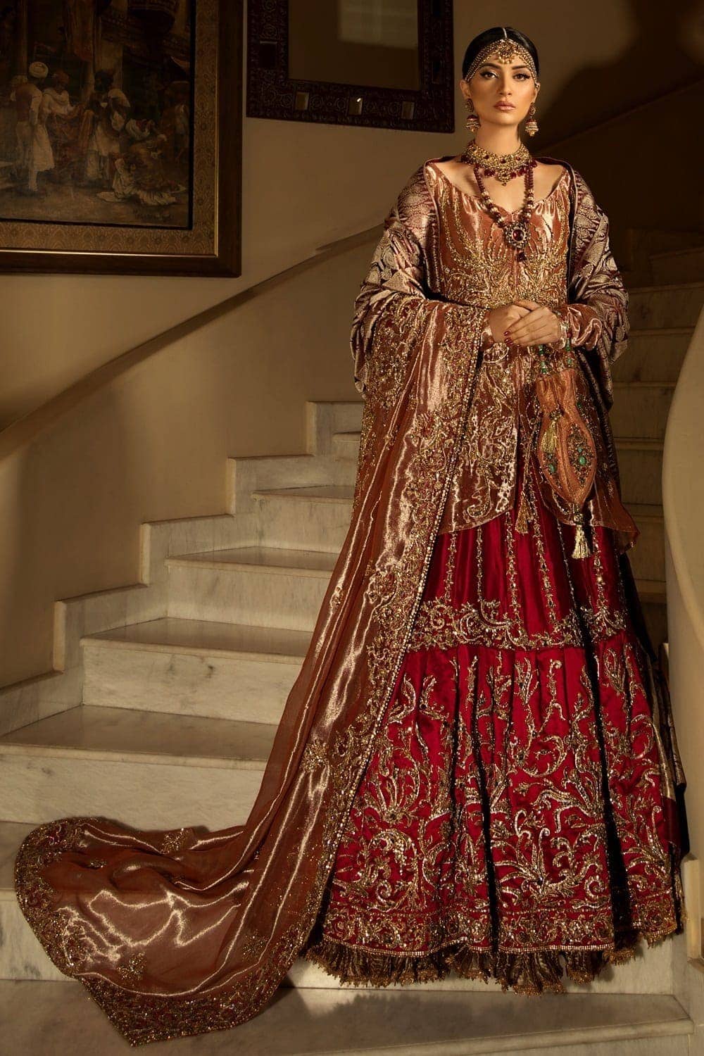Coral Zardozi Tissue Shirt with Red Satin Gharara (3-Piece) - Image 1